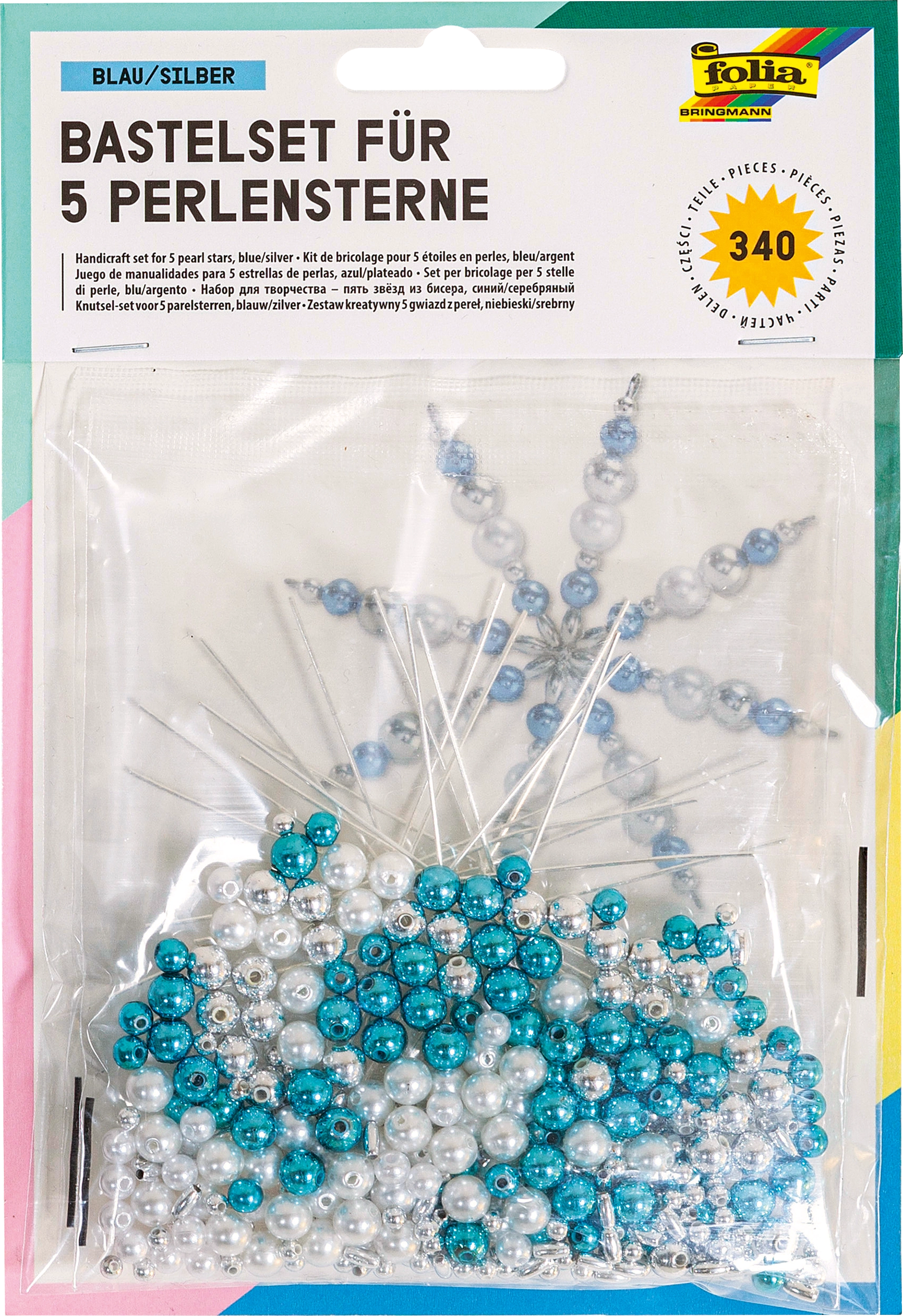 Bastelset für 5 Perlensterne, Blau & Silber, 340 Teile