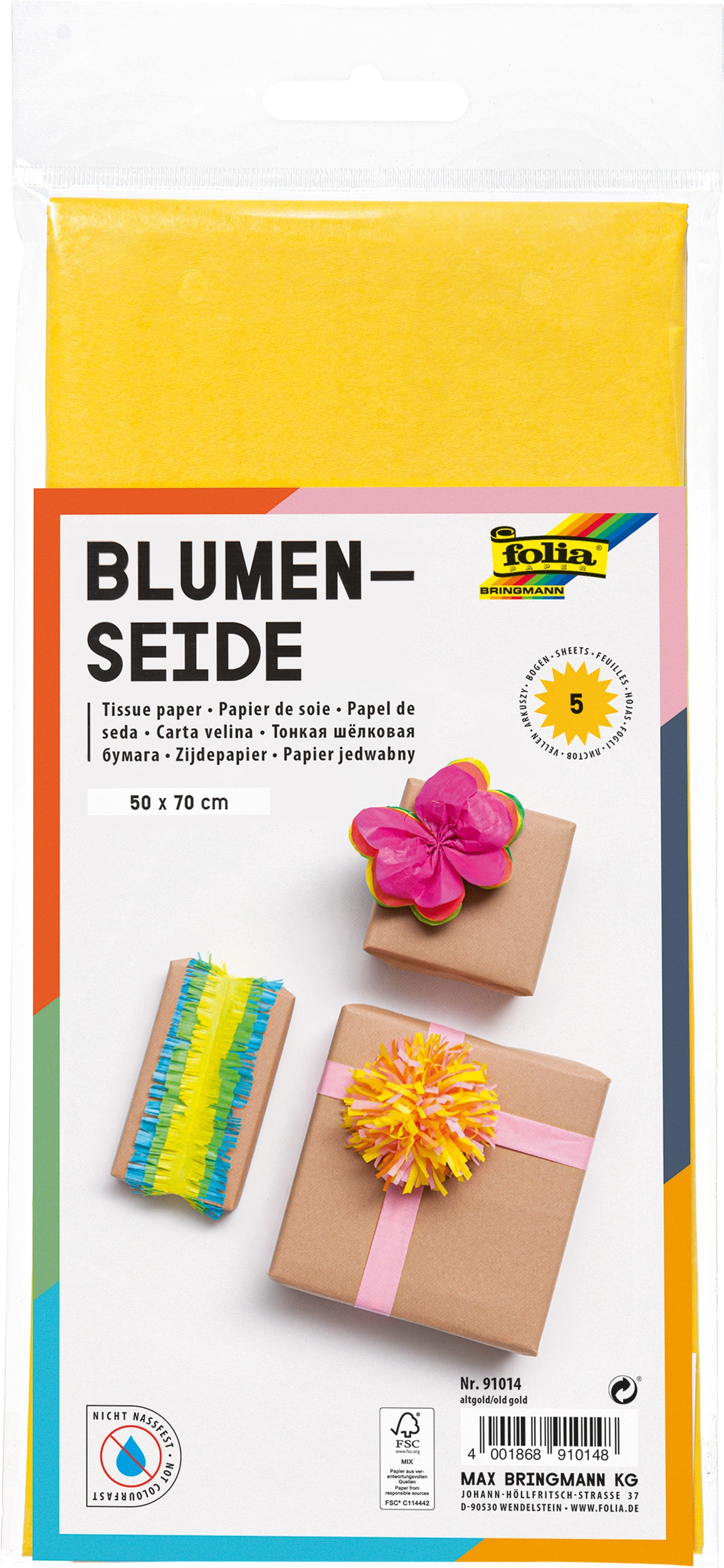 Blumenseide, Altgold, 50 x 70 cm, 20 g/m², 5 Blatt