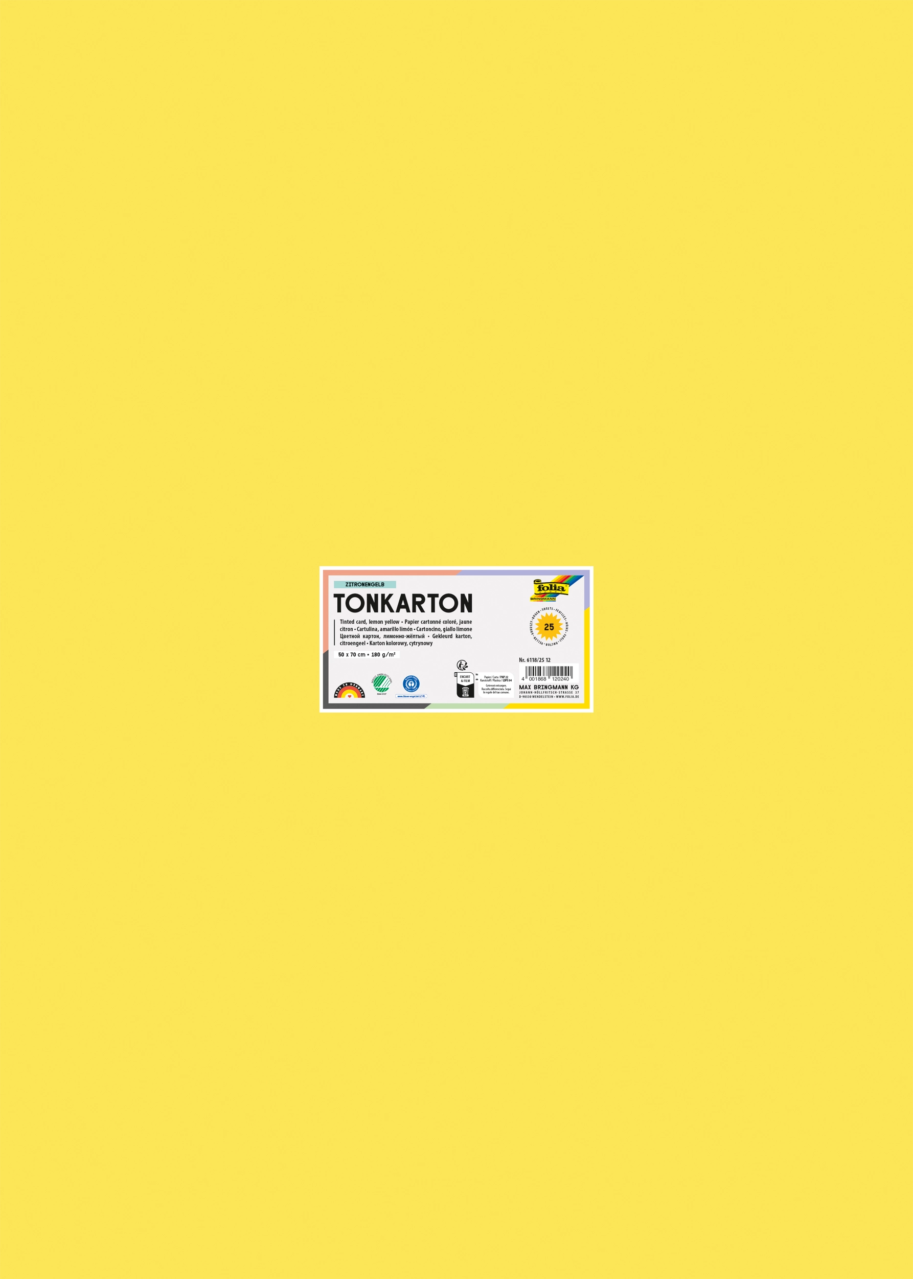 Tonkarton, Zitronengelb, 50 x 70 cm, 180g/m², 25 Blatt