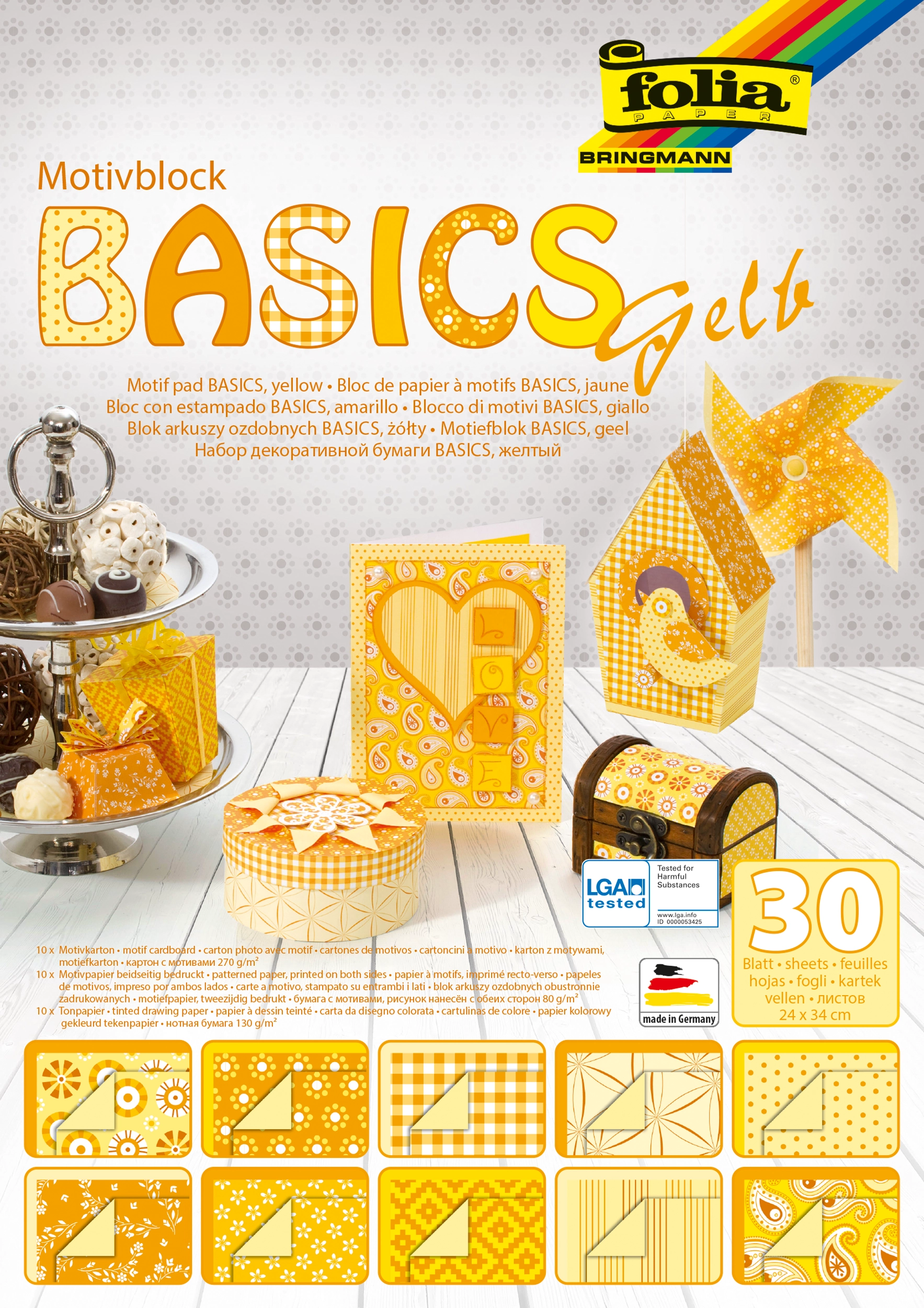 Motif Pad, Basics, Yellow, 24 x 34 cm, 80 g/m², 130 g/m²  270 g/m², 30 sheets