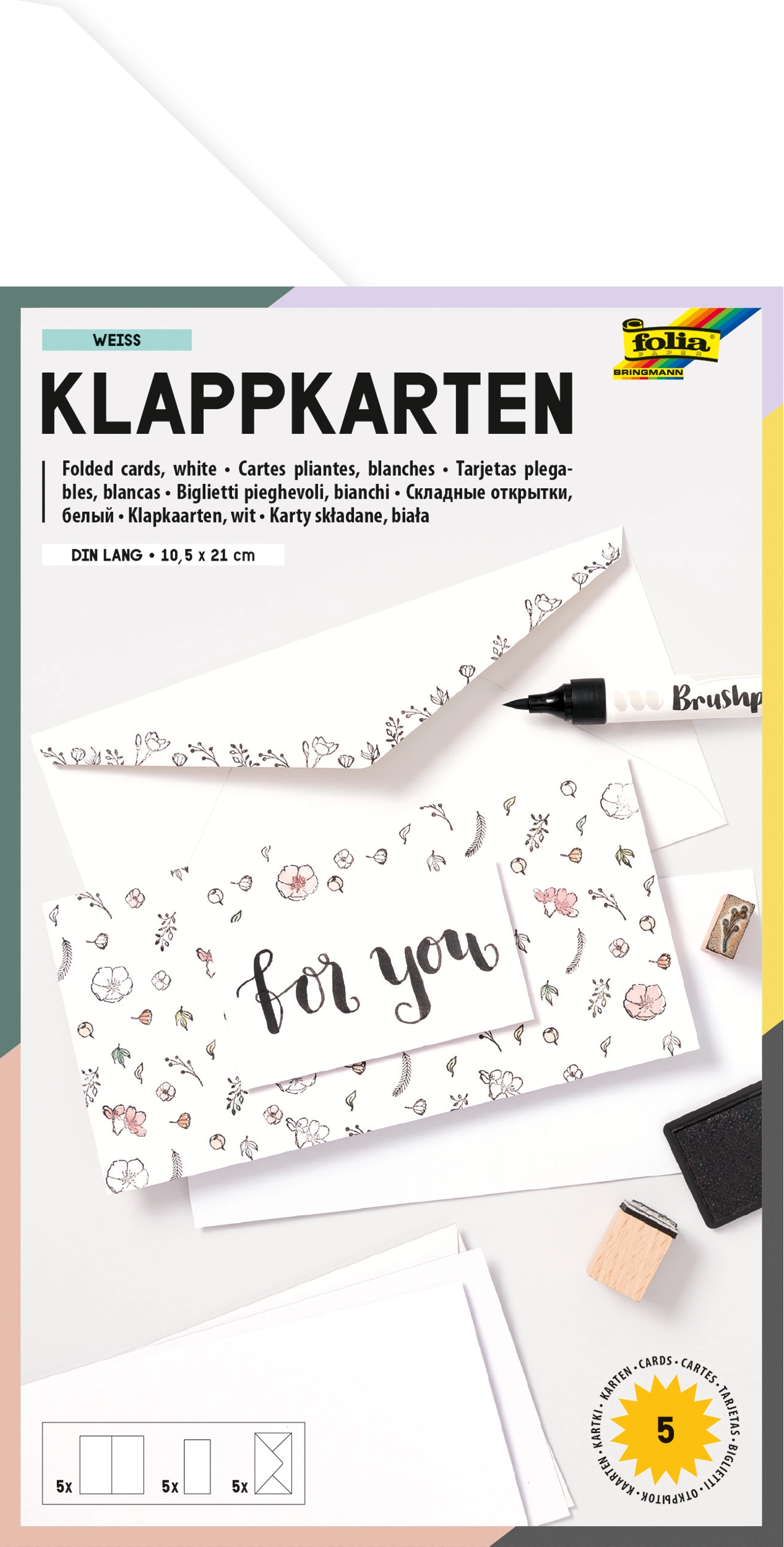 Klappkarten, Rechteckig, Weiß, 10,5 x 21,0 cm, 130 g/m², 220 g/m²  , 5 Stück