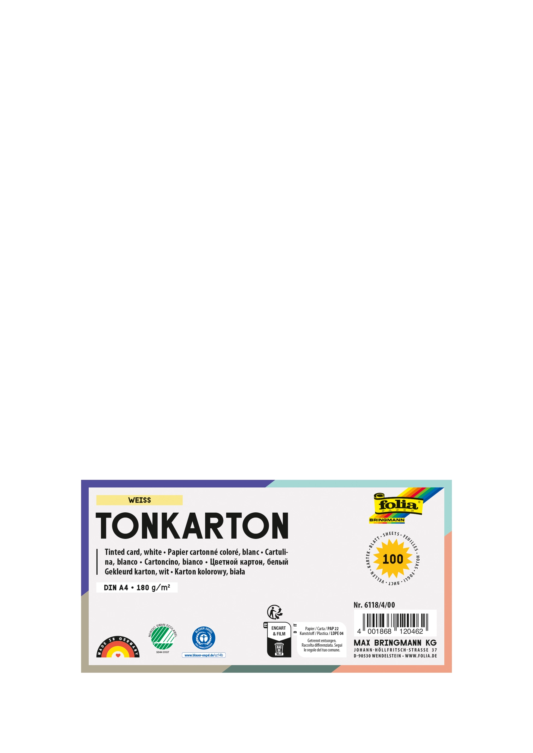 Tonkarton, Weiß, DIN A4, 180g/m², 100 Blatt