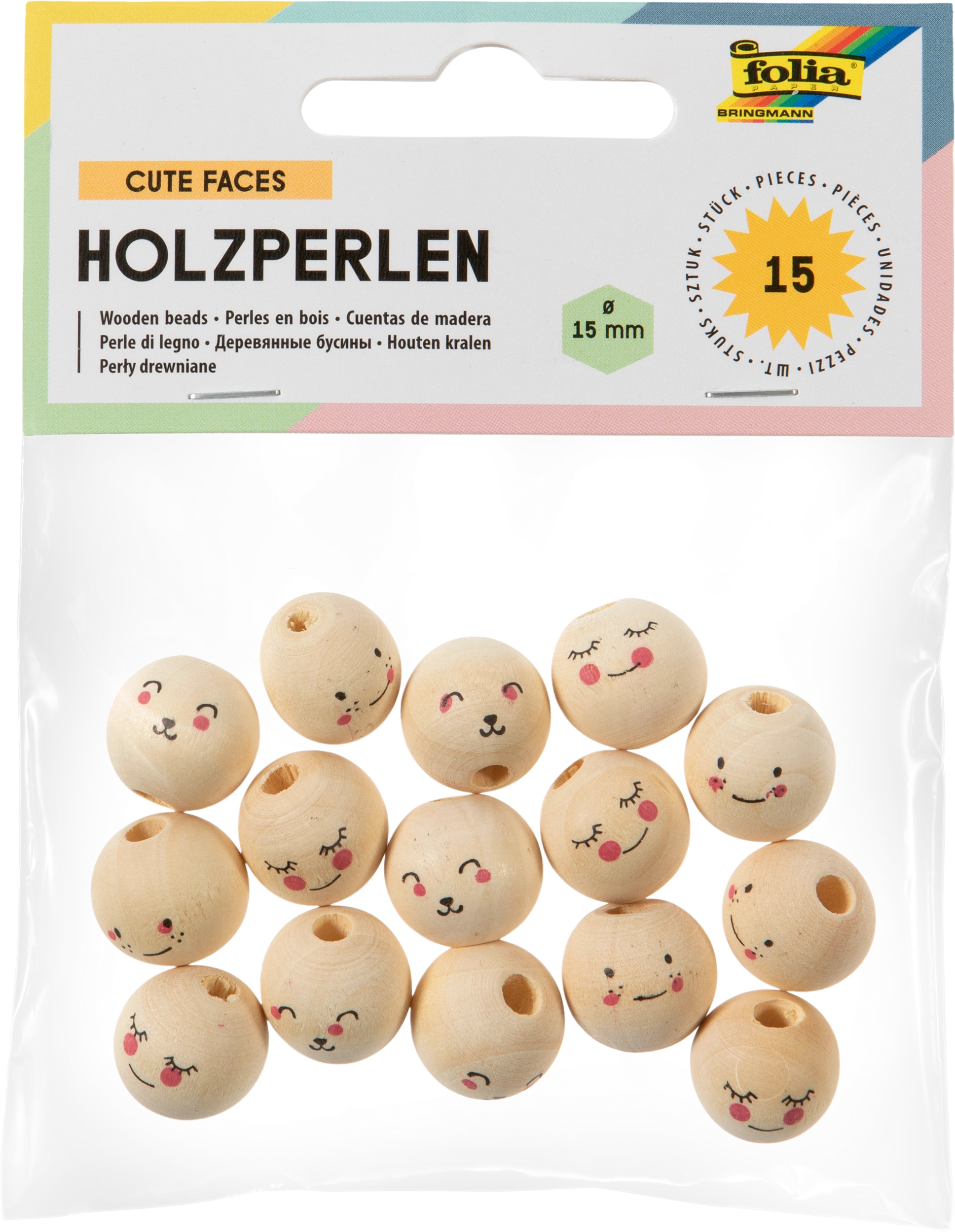 Holzperlen, Cute Faces, 15 Stück