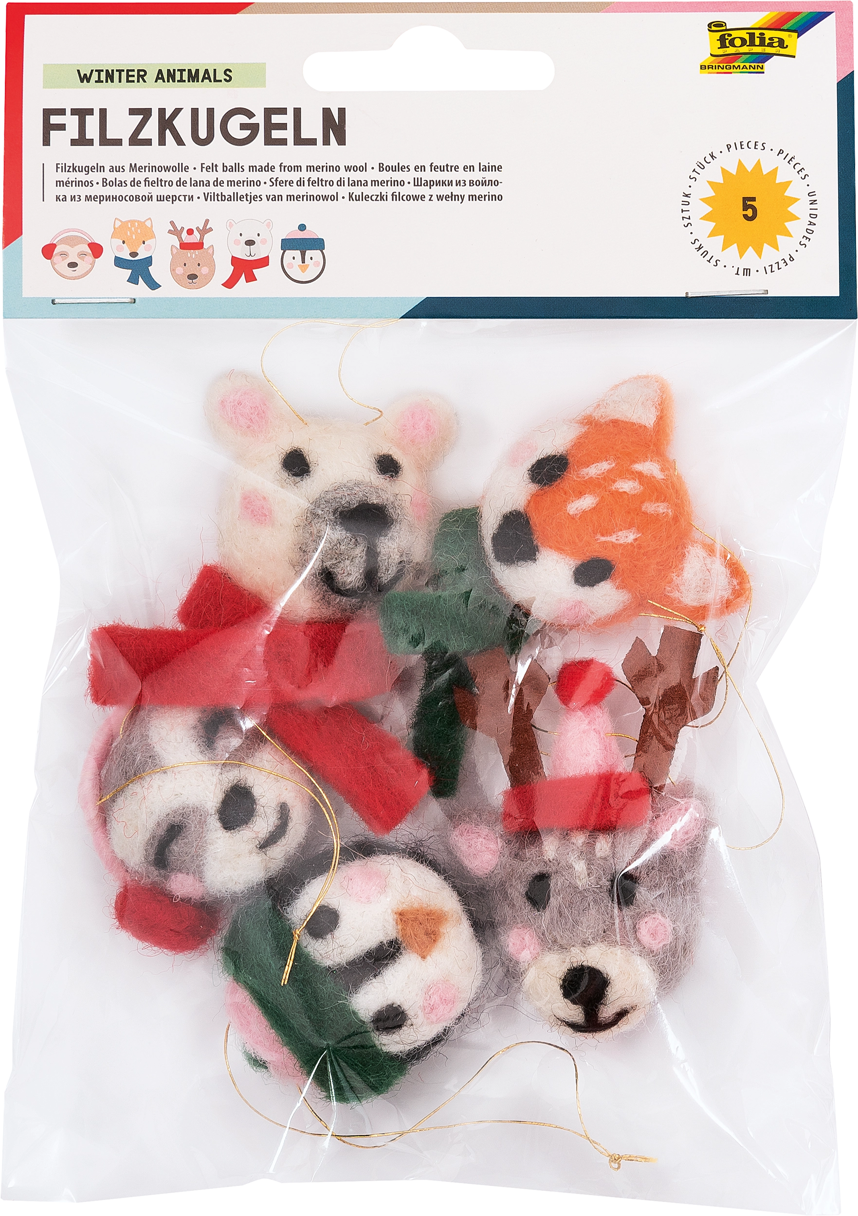 Filzkugeln, Winter Tiere, 5 Stück
