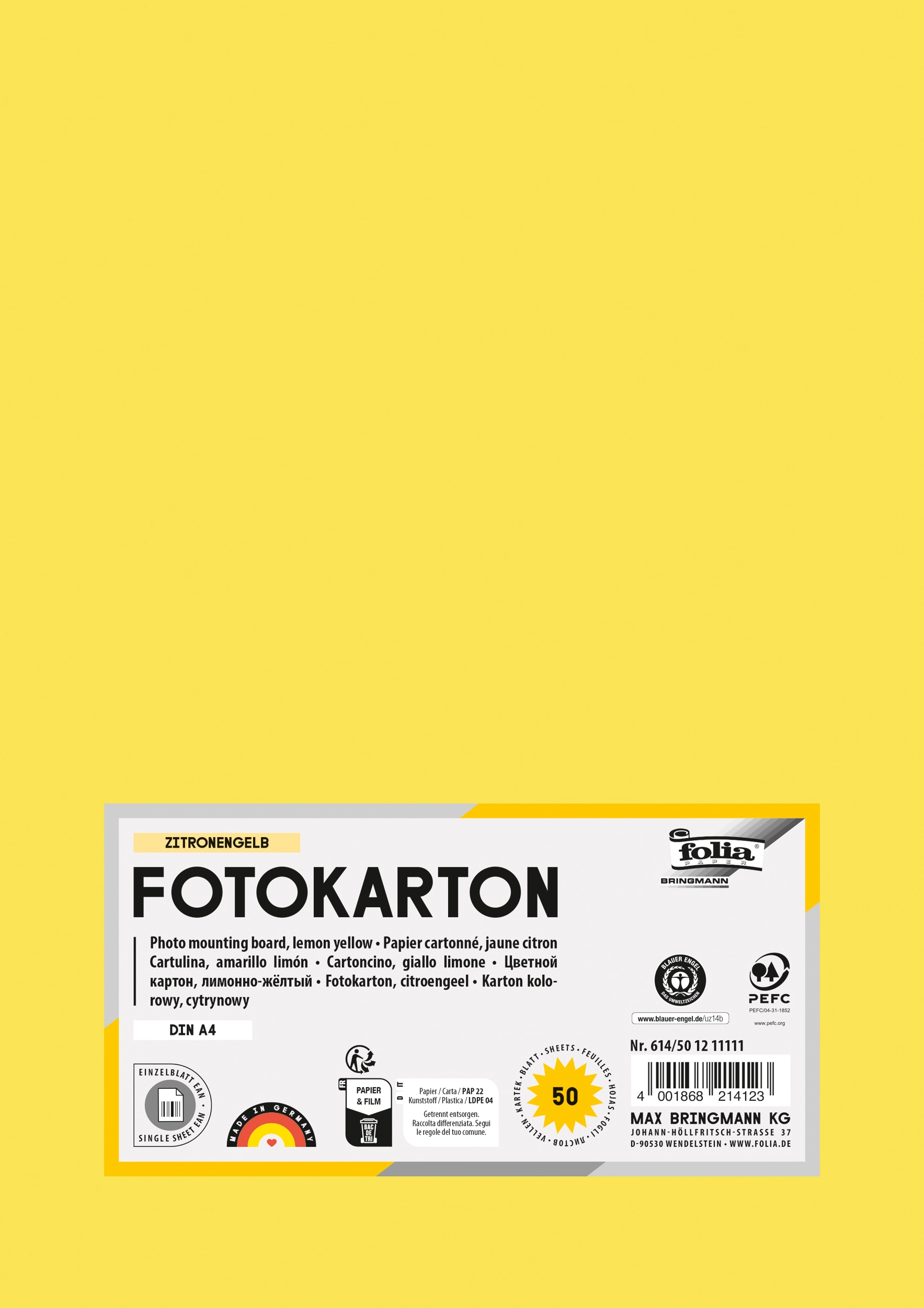 Photo Mounting Board, Lemon Yellow, DIN A4, 300 g/m², 50 sheets, yes