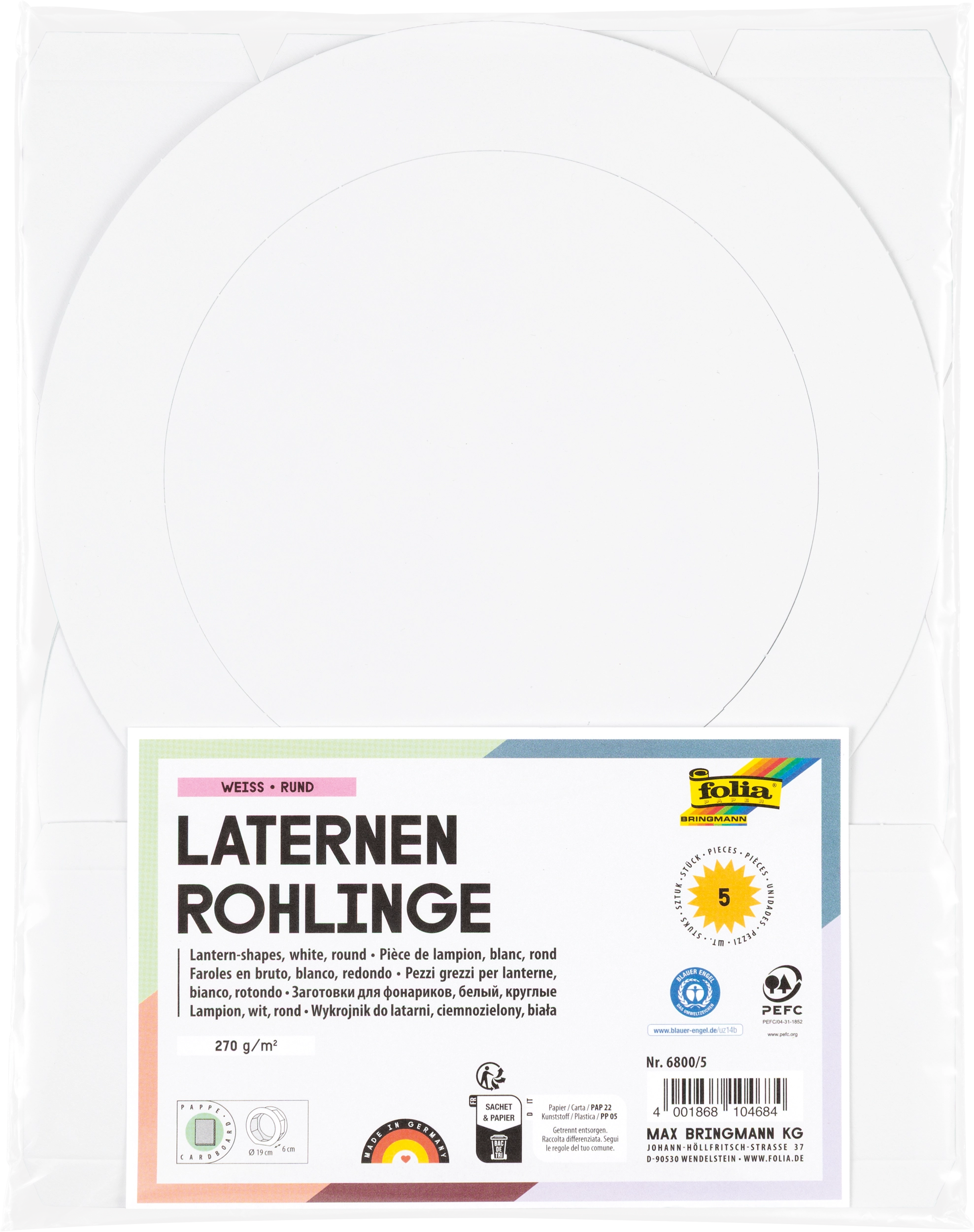 Laternen-Rohlinge aus Fotokarton, Weiß, Rund, Ø 19 x 6 cm, 300 g/m², Ø 19 cm, 5 Stück