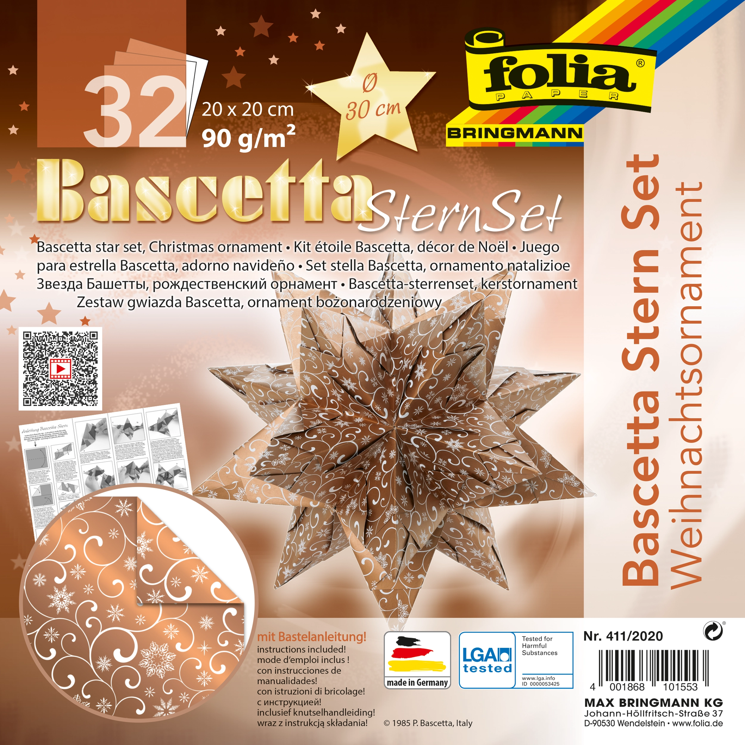 Bascetta Stern, Eisblumen, Kupfer & Weiß, 20 x 20 cm, 90 g/m², 1 Stern