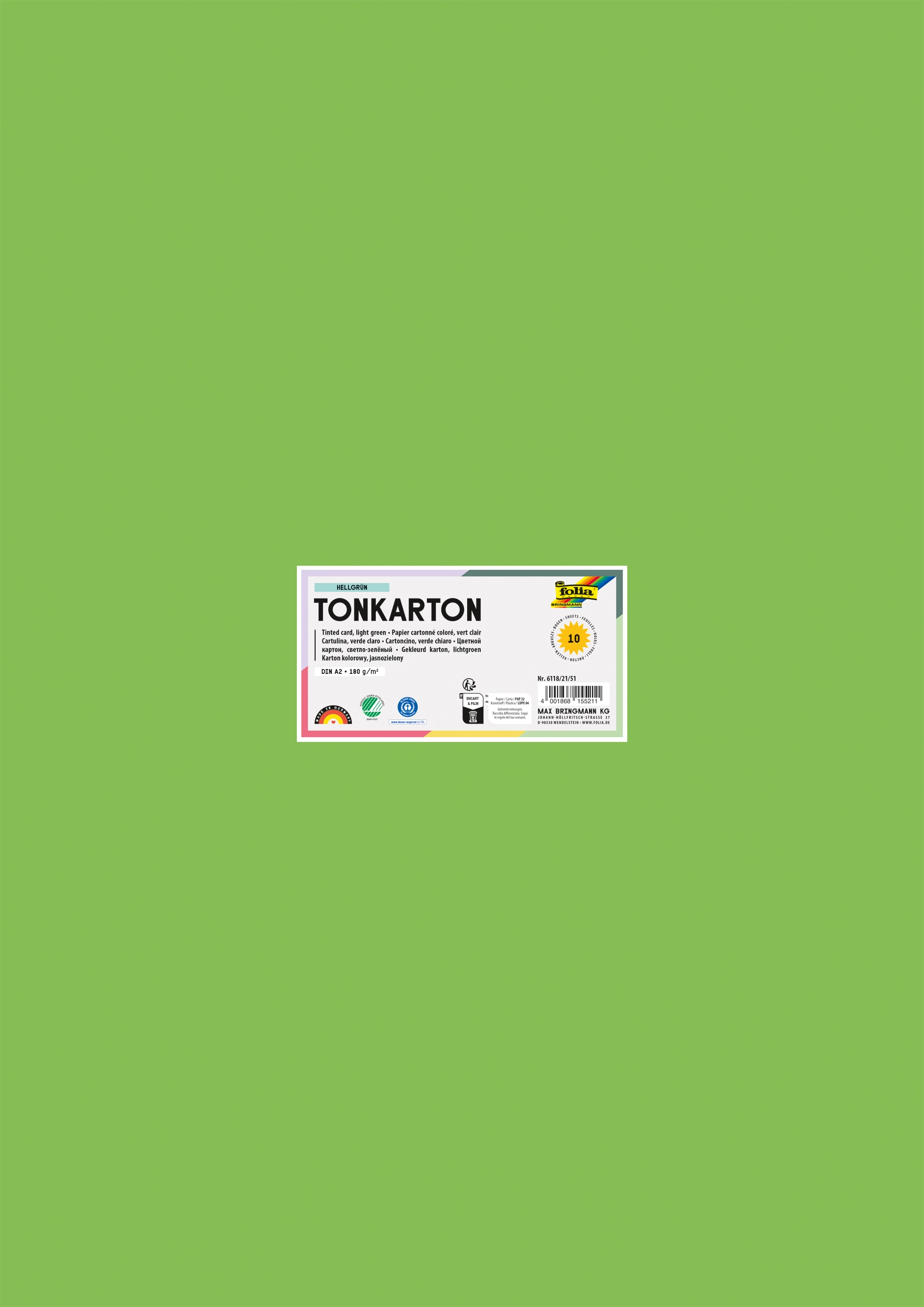 Tinted Card, Light Green, DIN A2, 180 g/m², 10 sheets