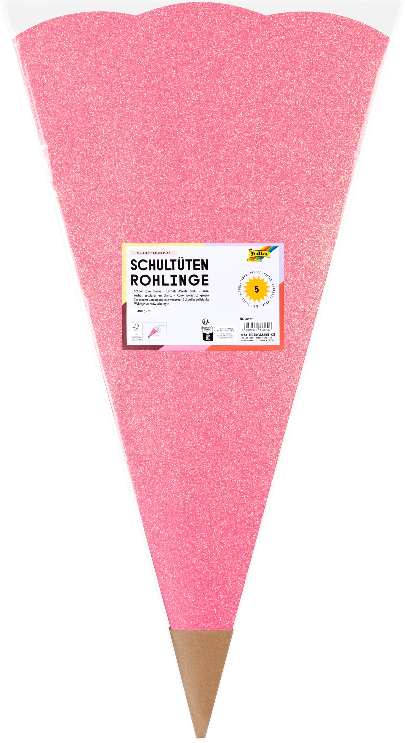 School Cone Blanks, Glitter, Light Pink, 400 g/m², 5 pieces