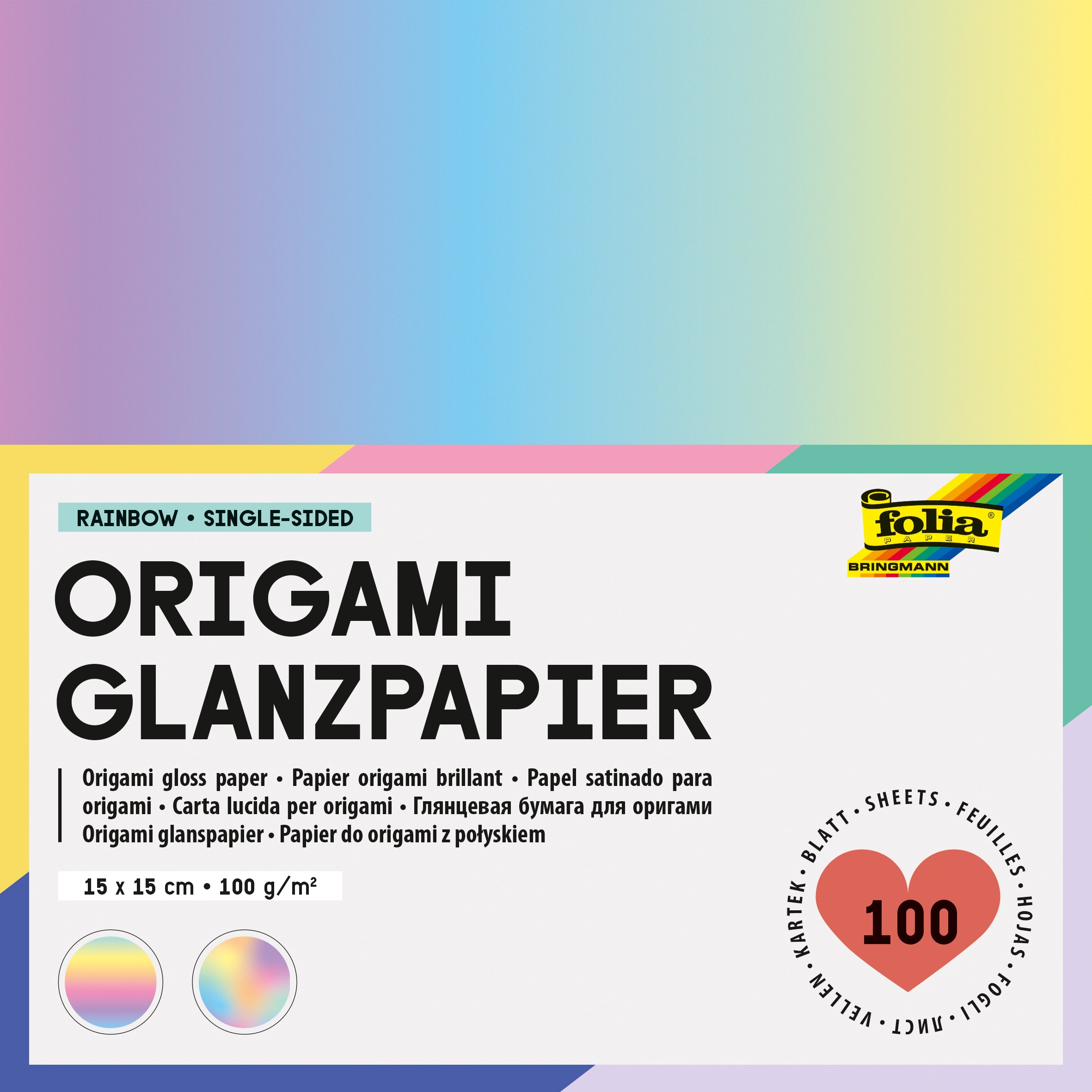 Origami paper, Rainbow, 15 x 15 cm, 100 g/m², 100 sheets