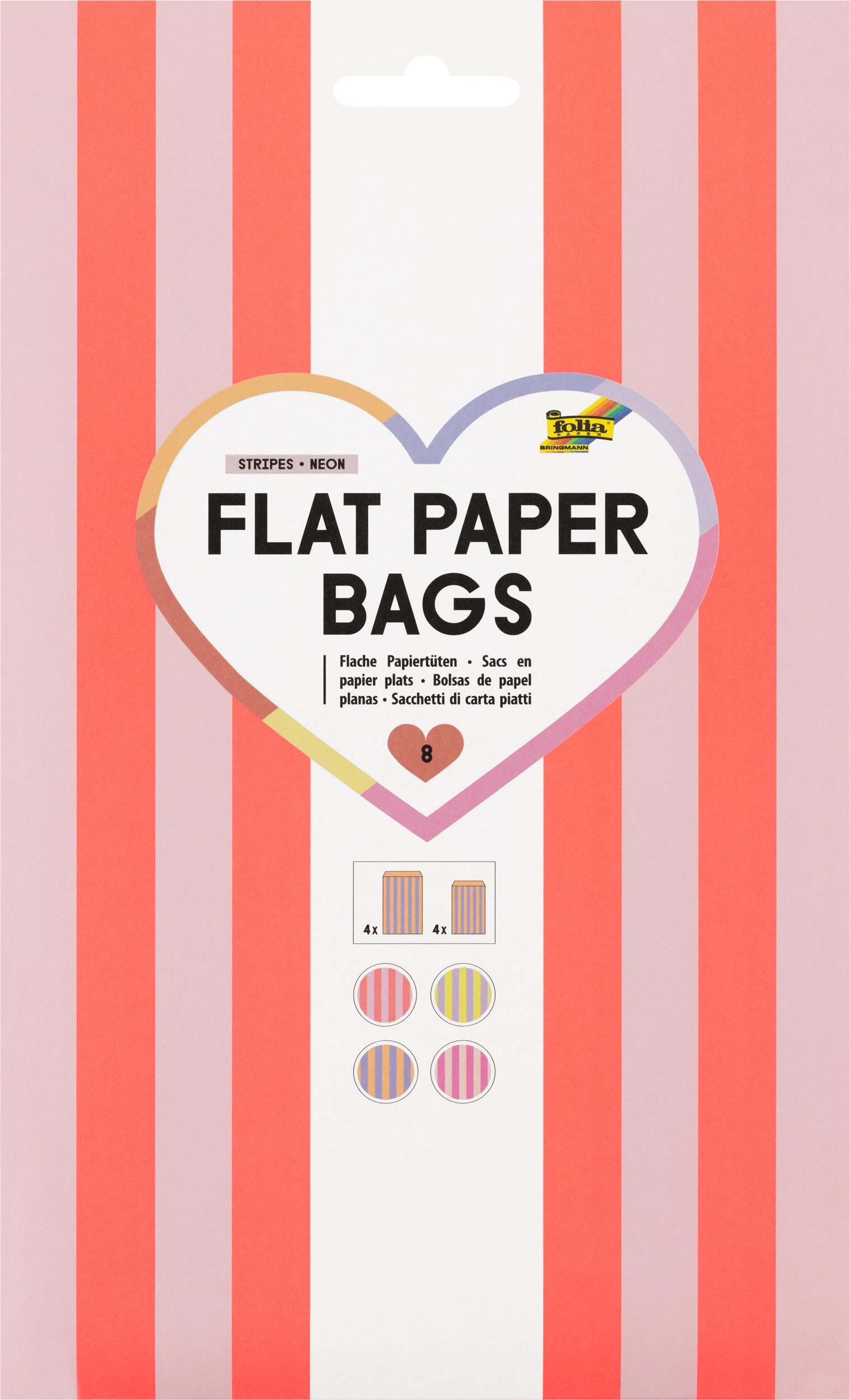 Flat Paper Bags, Stripes, Neon, 8 pieces