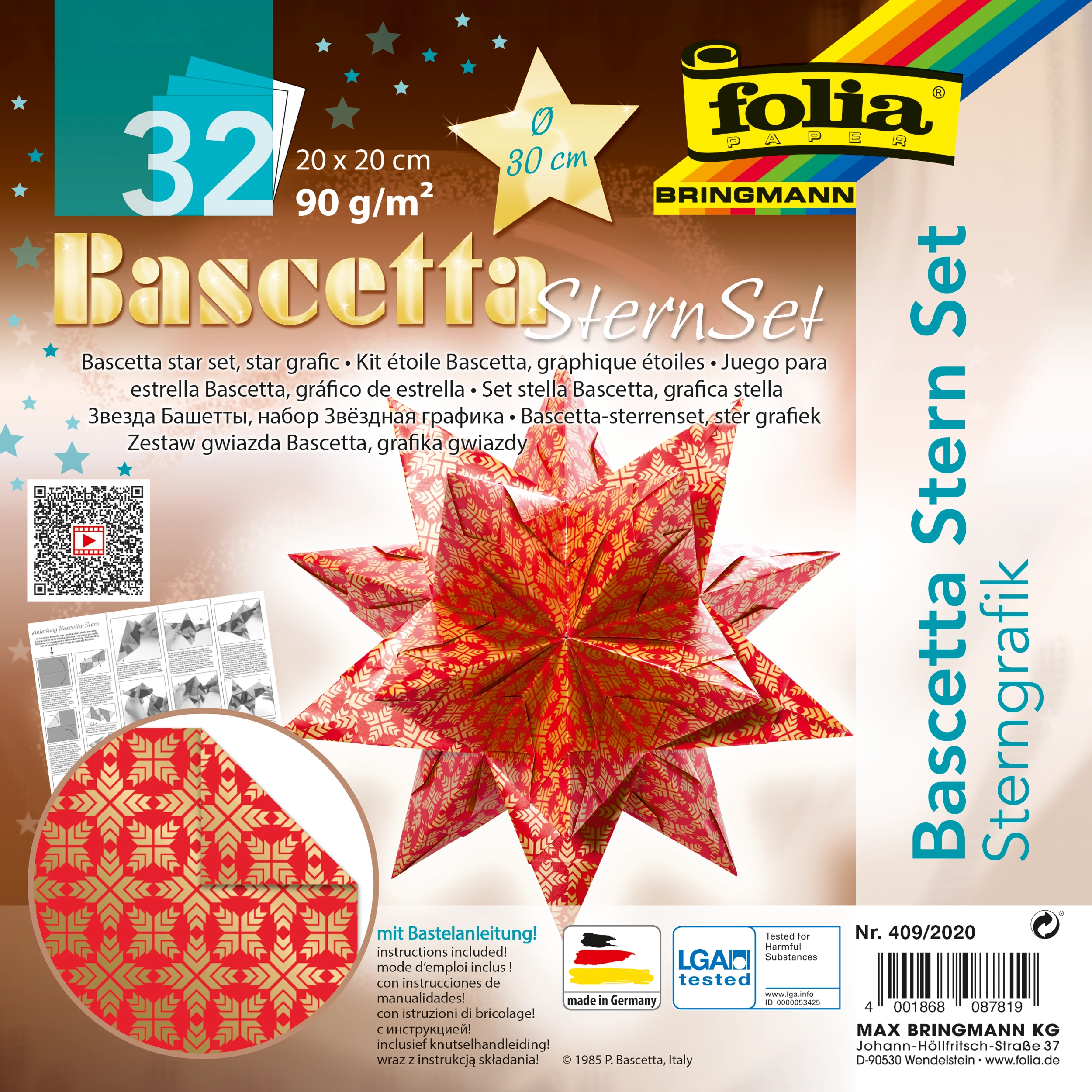 Bascetta Stern, Sterngrafik, Rot & Gold, 20 x 20 cm, 90 g/m², Ø 30 cm, 1 Stern