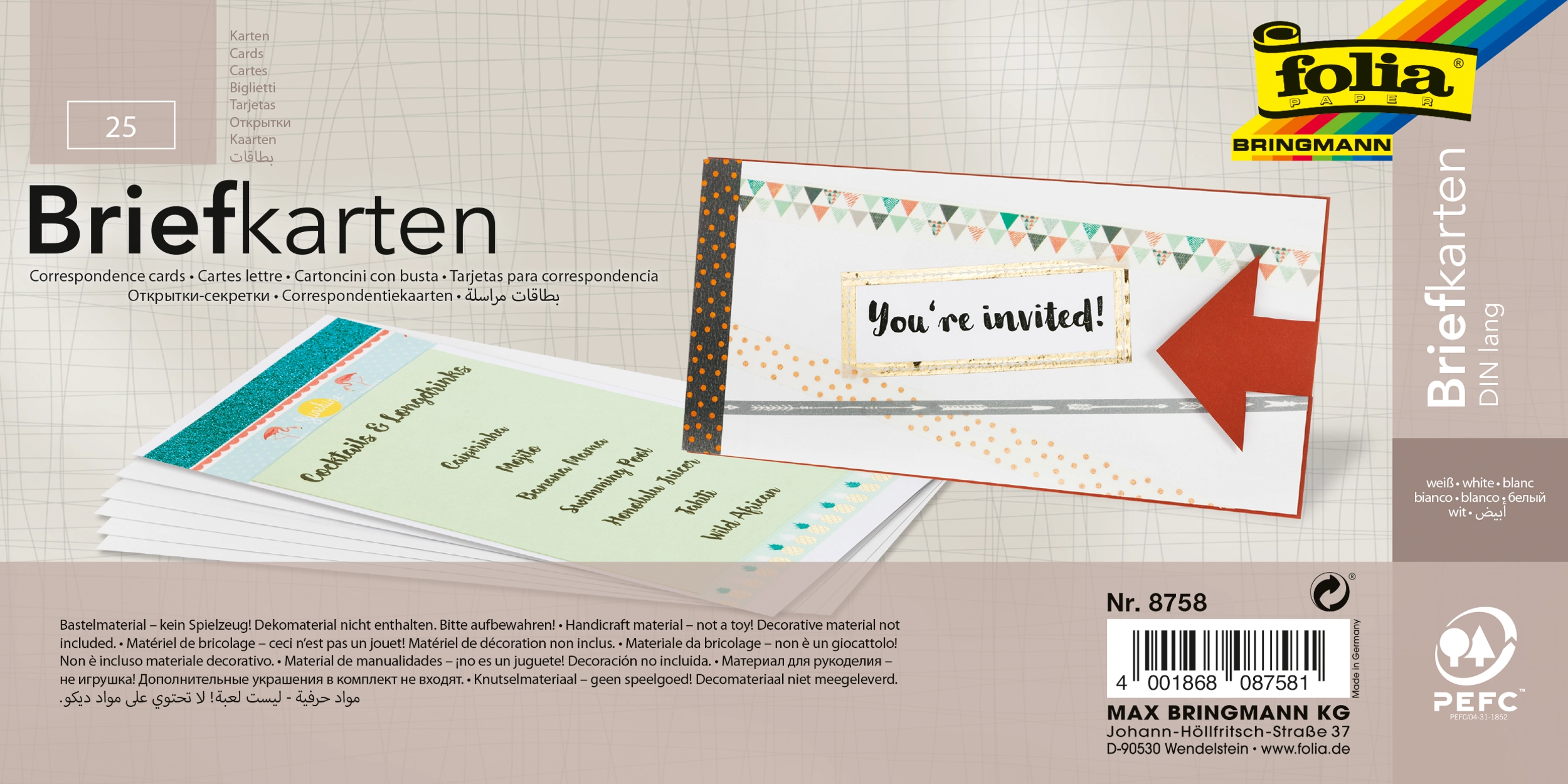 Briefkarten, Weiß, DIN lang, 21,0 x 10,5 cm, 190 g/m², 25 Stück