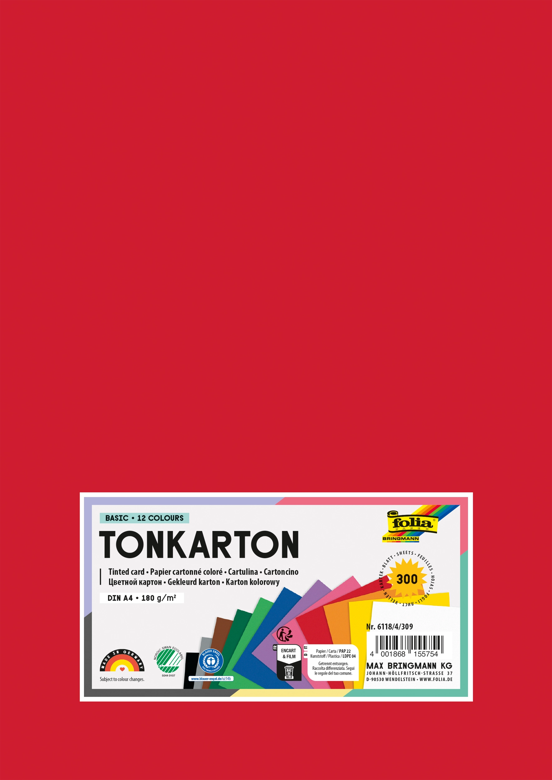 Tinted Card, 12 Colours Assorted, DIN A4, 180 g/m², 300 sheets