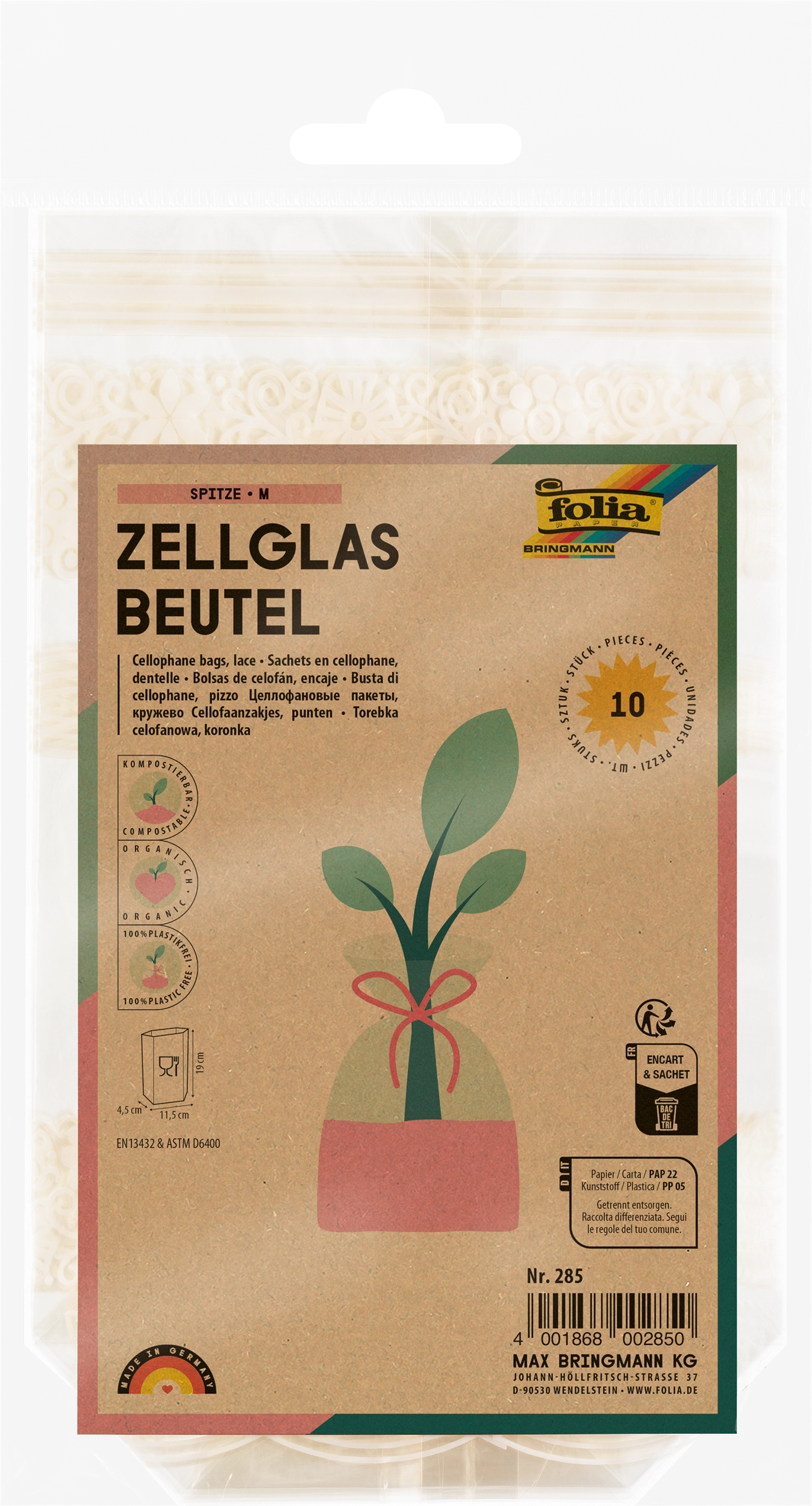 Zellglasbeutel, Spitze, M, 11,5 x 19,0 cm, 10 Stück