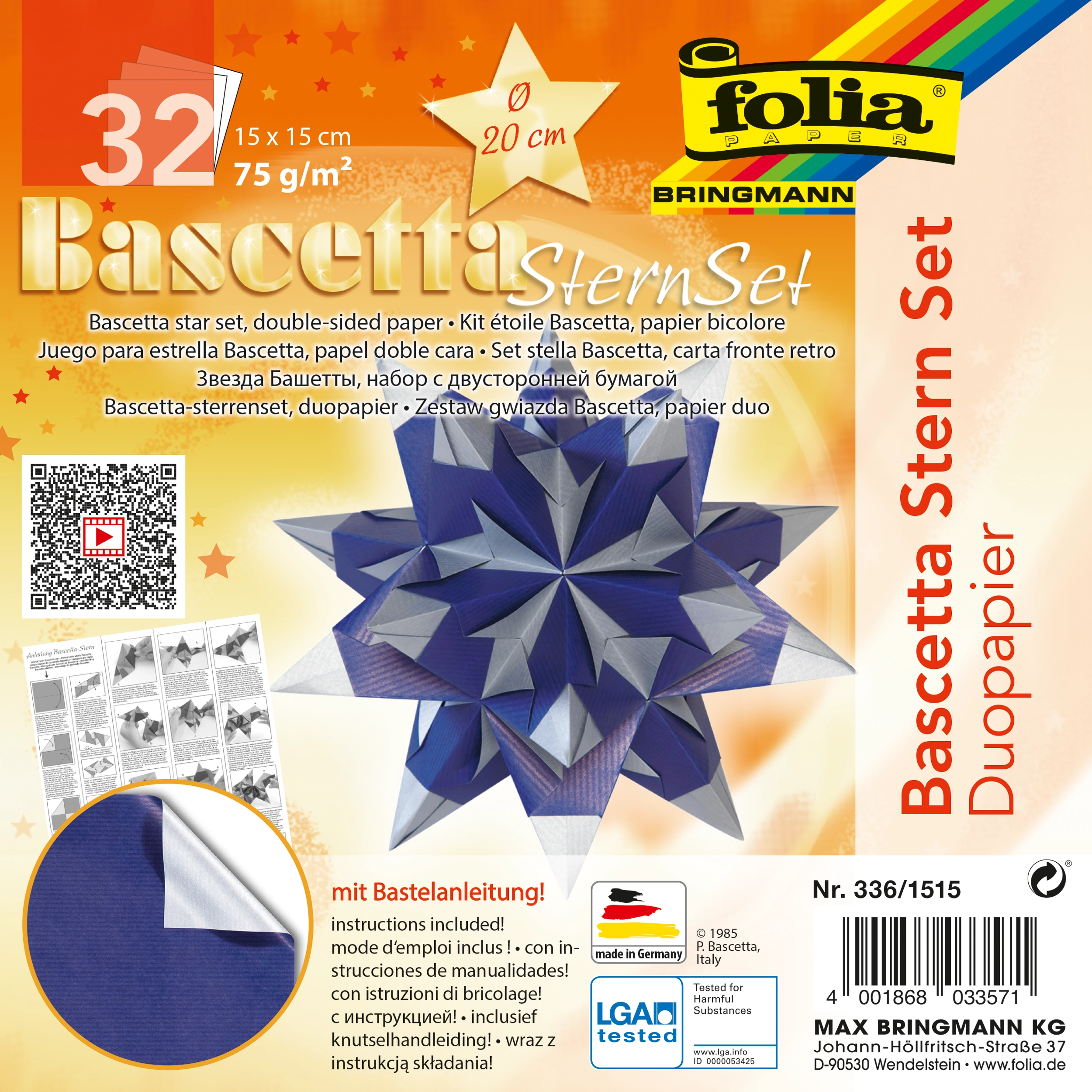 Bascetta Stern Duo Papier, Blau & Silber, 15 x 15 cm, 75 g/m², 1 Stern