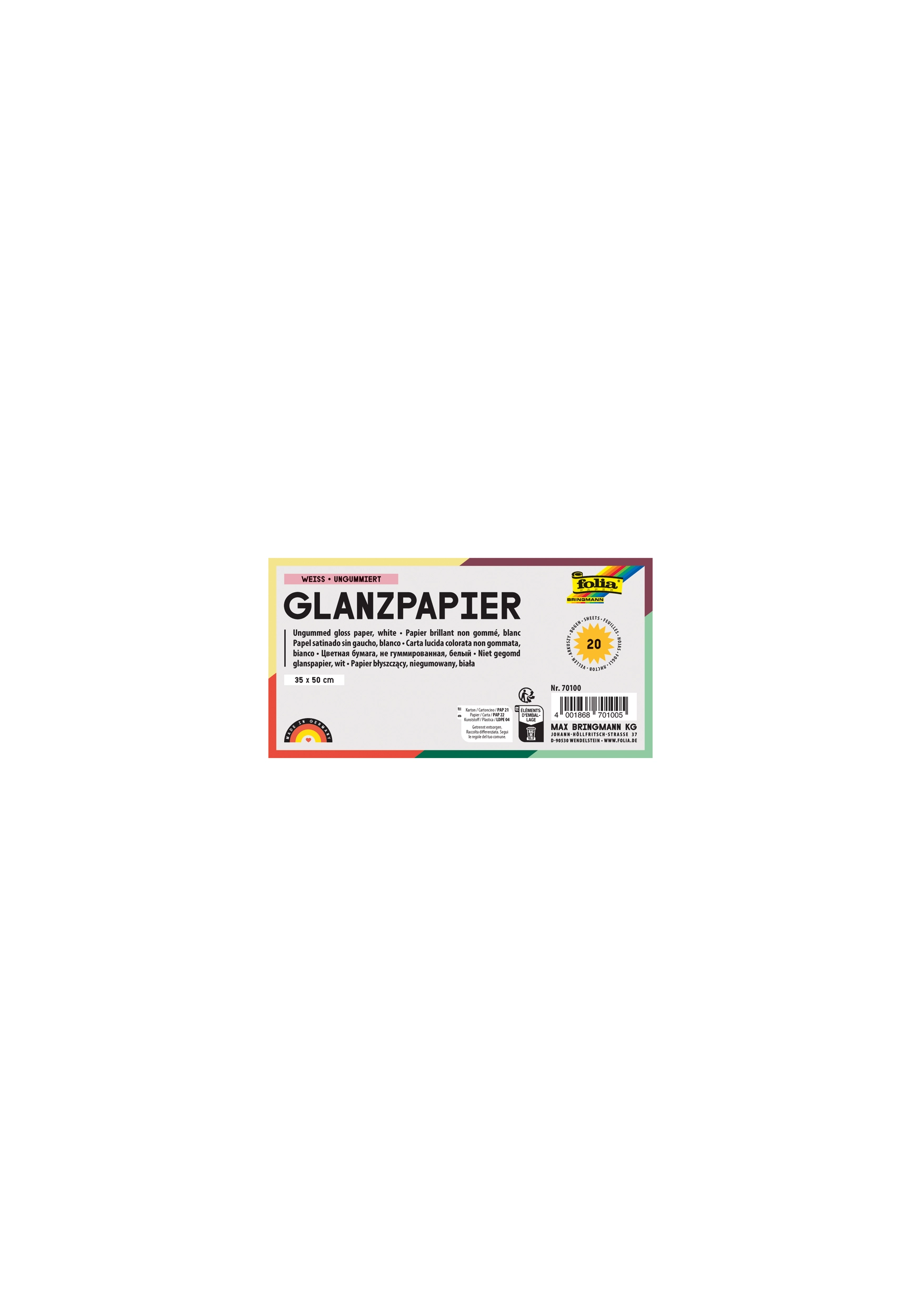 Glanzpapier, Weiß, Ungummiert, 35 x 50 cm, 80 g/m², 20 Blatt