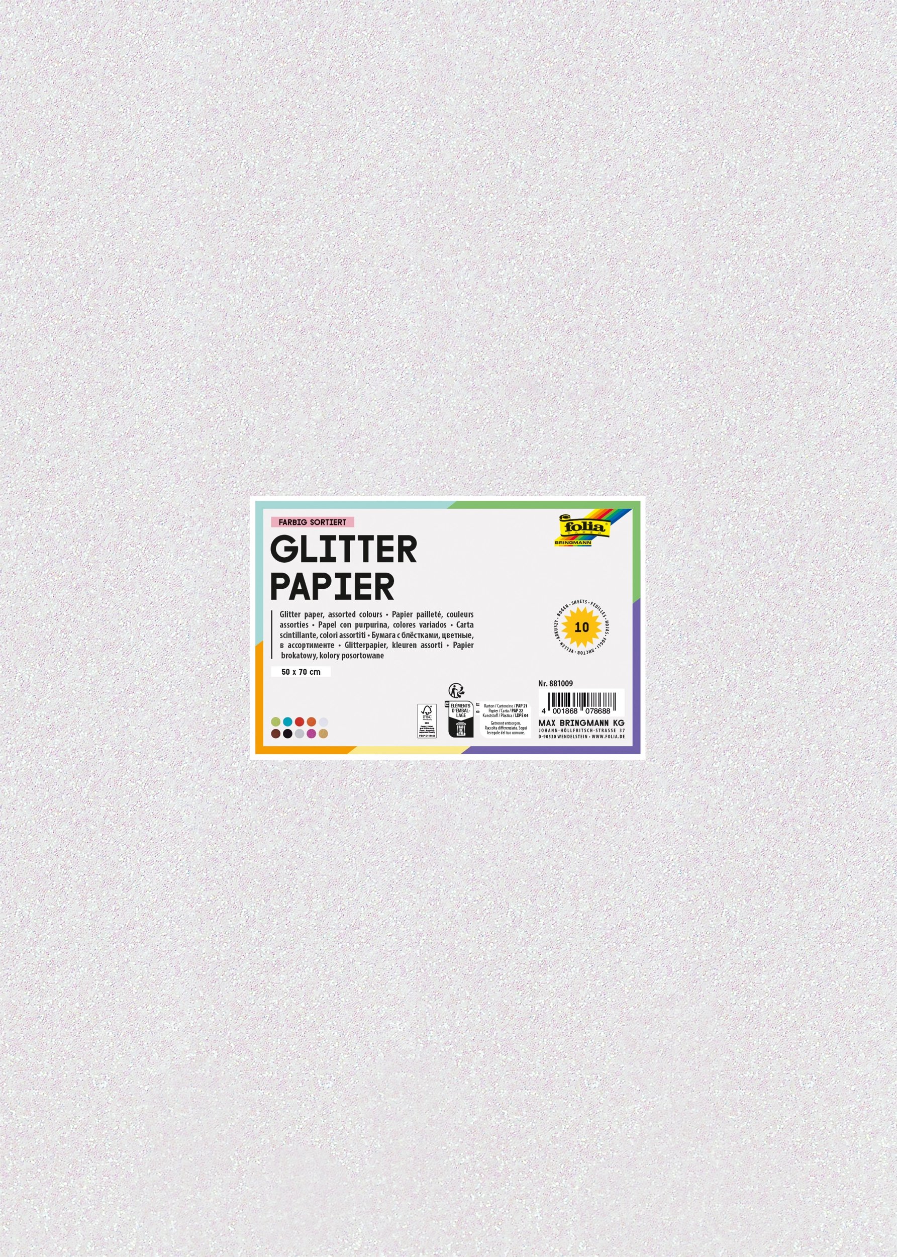 Glitterpapier, Basic, 50 x 70 cm, 160 g/m², 10 Blatt