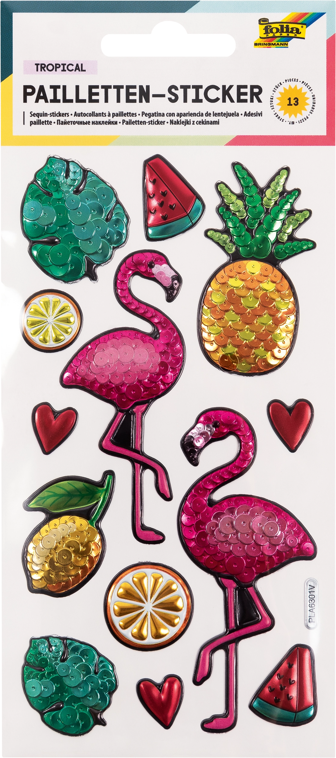 Pailletten-Sticker, Tropisch, 13 Sticker, 1 Blatt