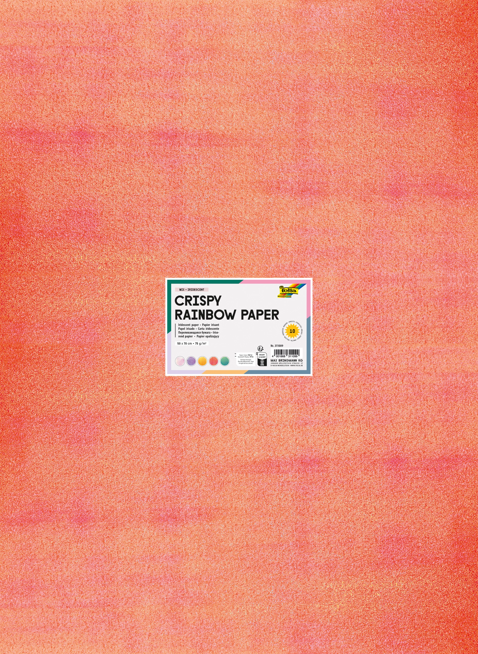 Crispy Rainbow Paper, Mix Coloured, Iridescent, 50 x 70 cm, 75 g/m², 10 sheets