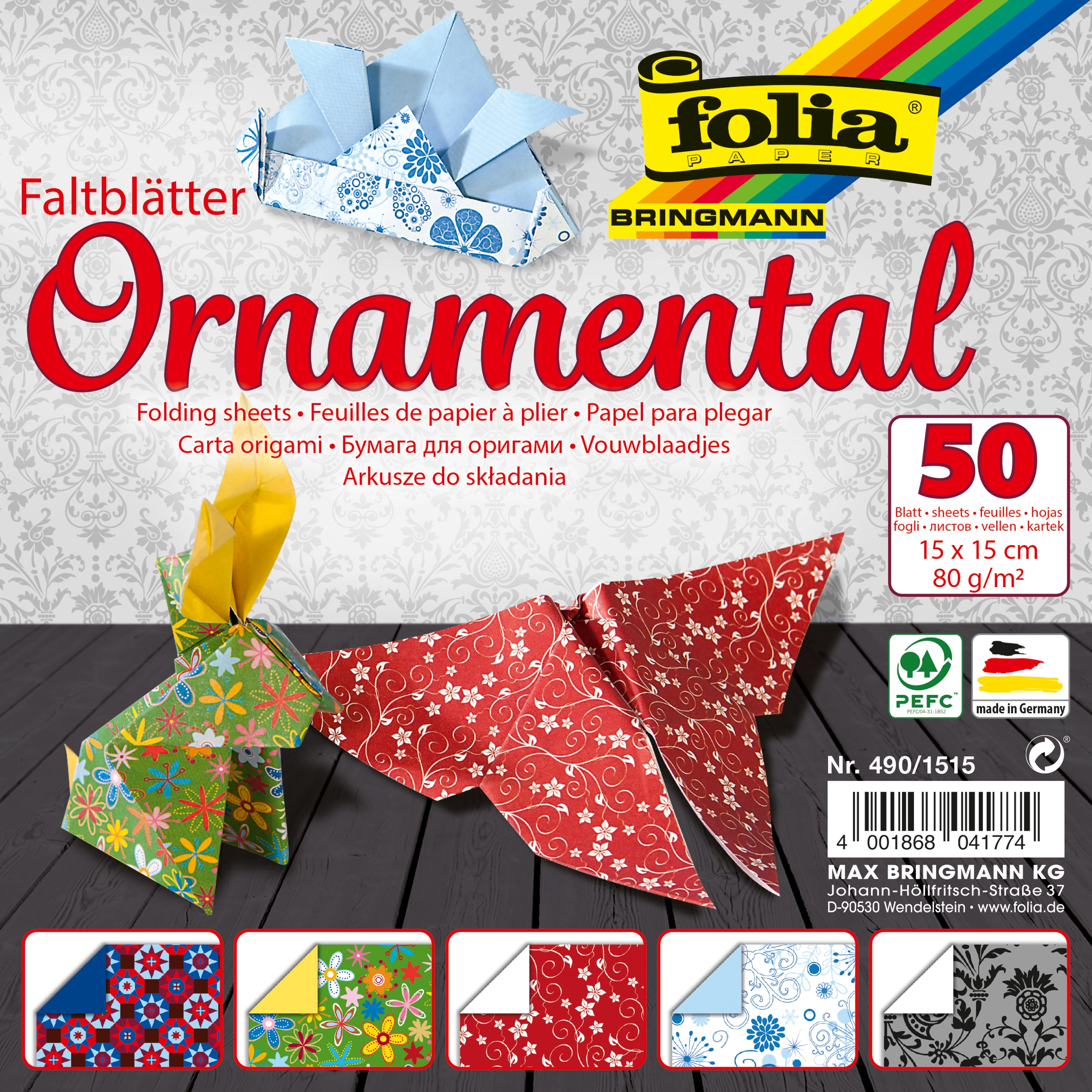Origamipapier mit Motiv, Ornamental, 15 x 15 cm, 80 g/m², 50 Blatt