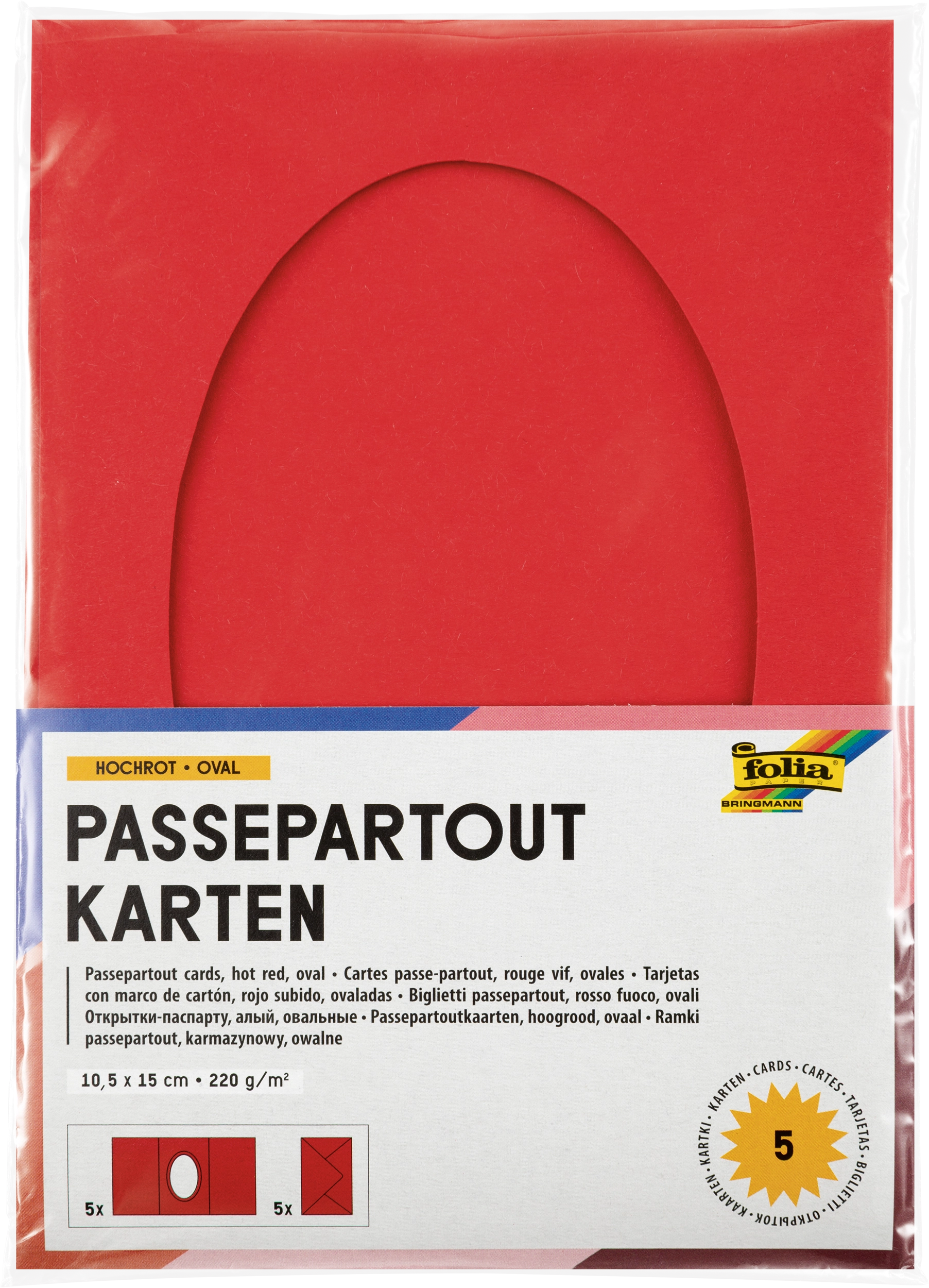 Passepartoutkarten, Hochrot, Oval, 10,5 x 15,0 cm, 130 g/m², 220 g/m² , 5 Stück
