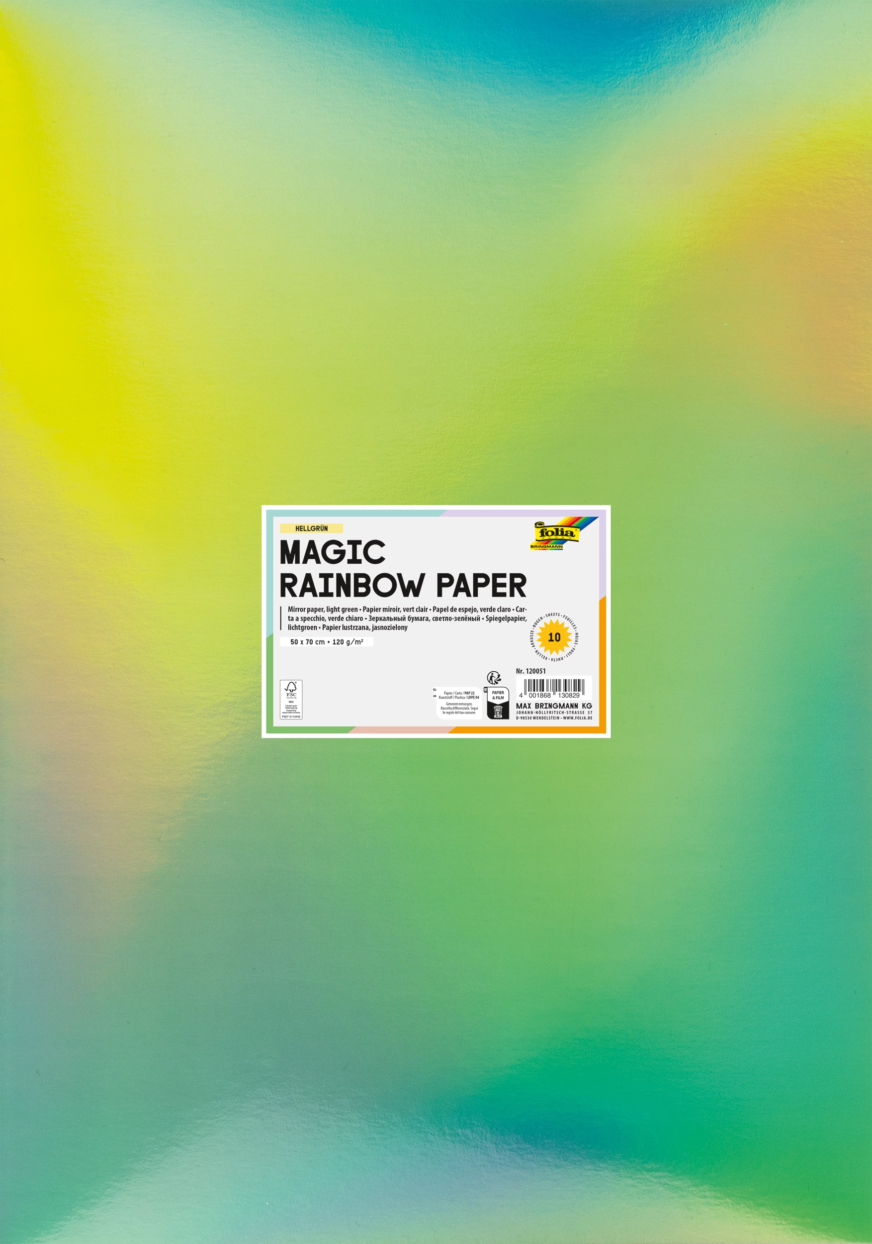 Magic Rainbow Paper, Light Green, Iridescent, 50 x 70 cm, 120 g/m², 10 sheets