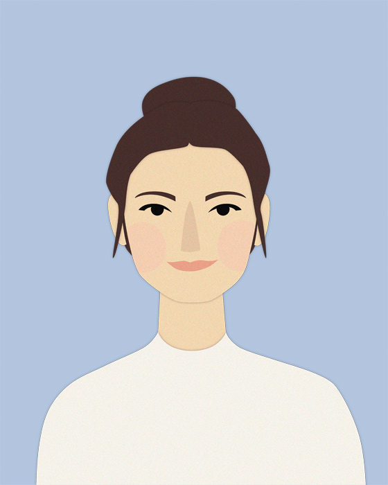 Illustration einer Person mit dunkelbraunen, hochgesteckten Haaren und weißem Oberteil vor einem hellblauen Hintergrund.