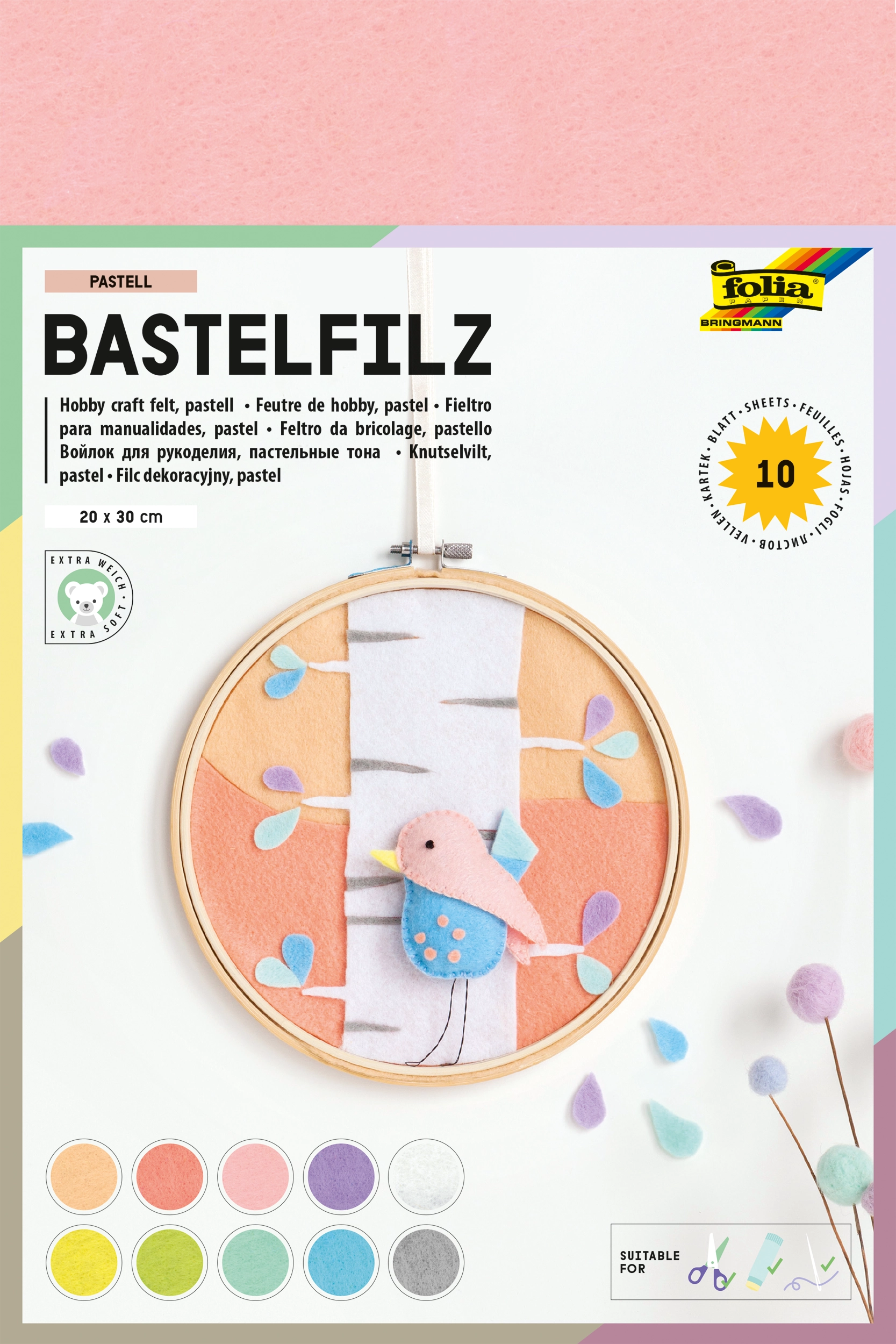 Bastelfilz, Pastell, 20 x 30 cm, 150 g/m², 10 Blatt