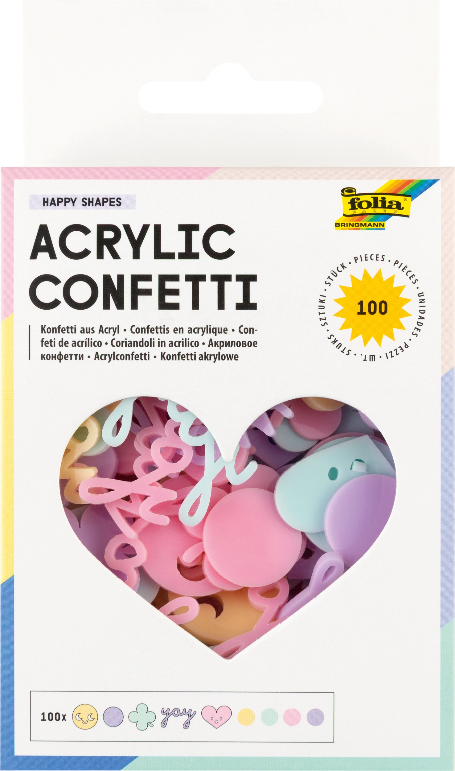 Acrylic Confetti, Happy Shapes, 4 colours and 5 motifs assorted, 100 pieces