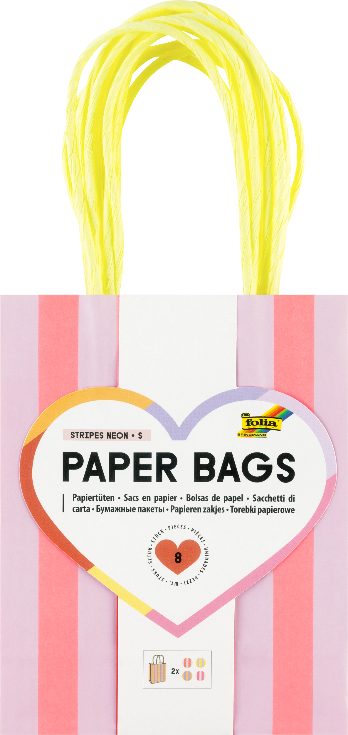 Paper Bags, Stripes, Neon, S, 110 g/m², 8 pieces