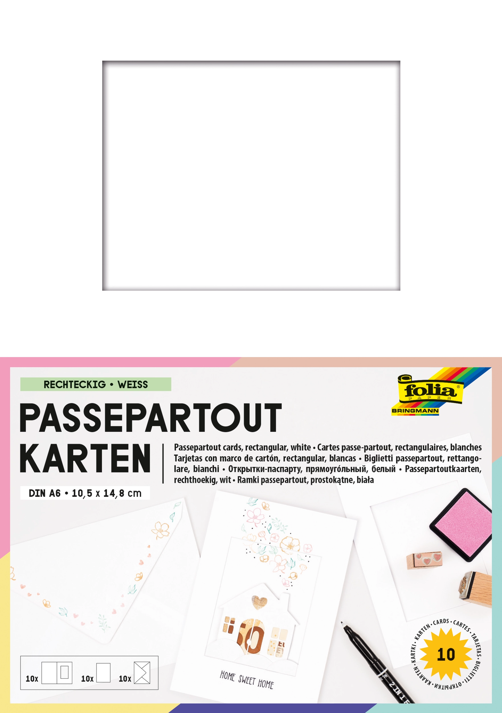 Passepartoutkarten, Weiß, Rechteckig, DIN A6, 80 g/m², 250 g/m², 10 Stück
