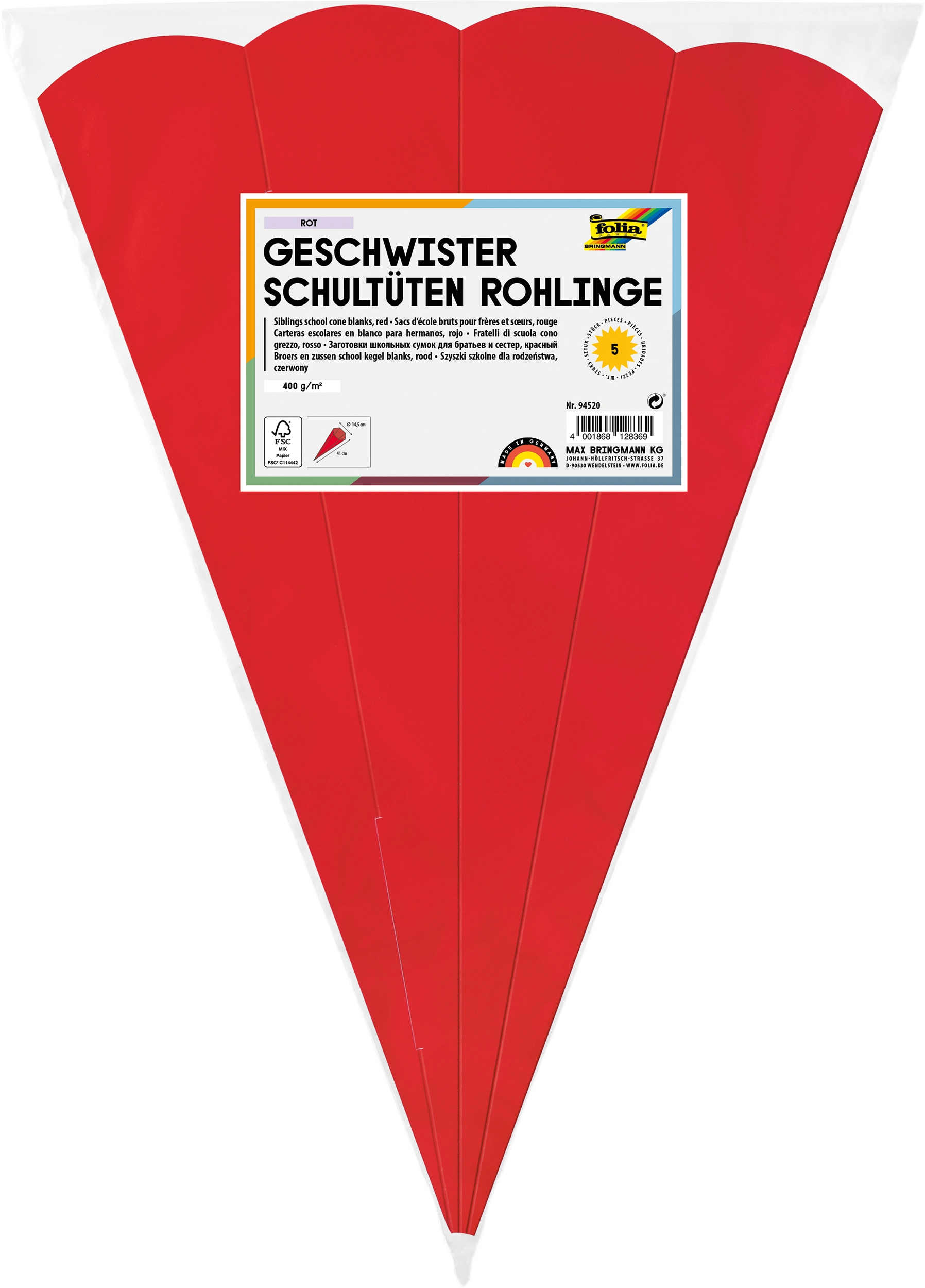 Geschwister Schultüten-Rohlinge, Rot, 400 g/m², 41 cm, Ø 14,5 cm, 5 Stück
