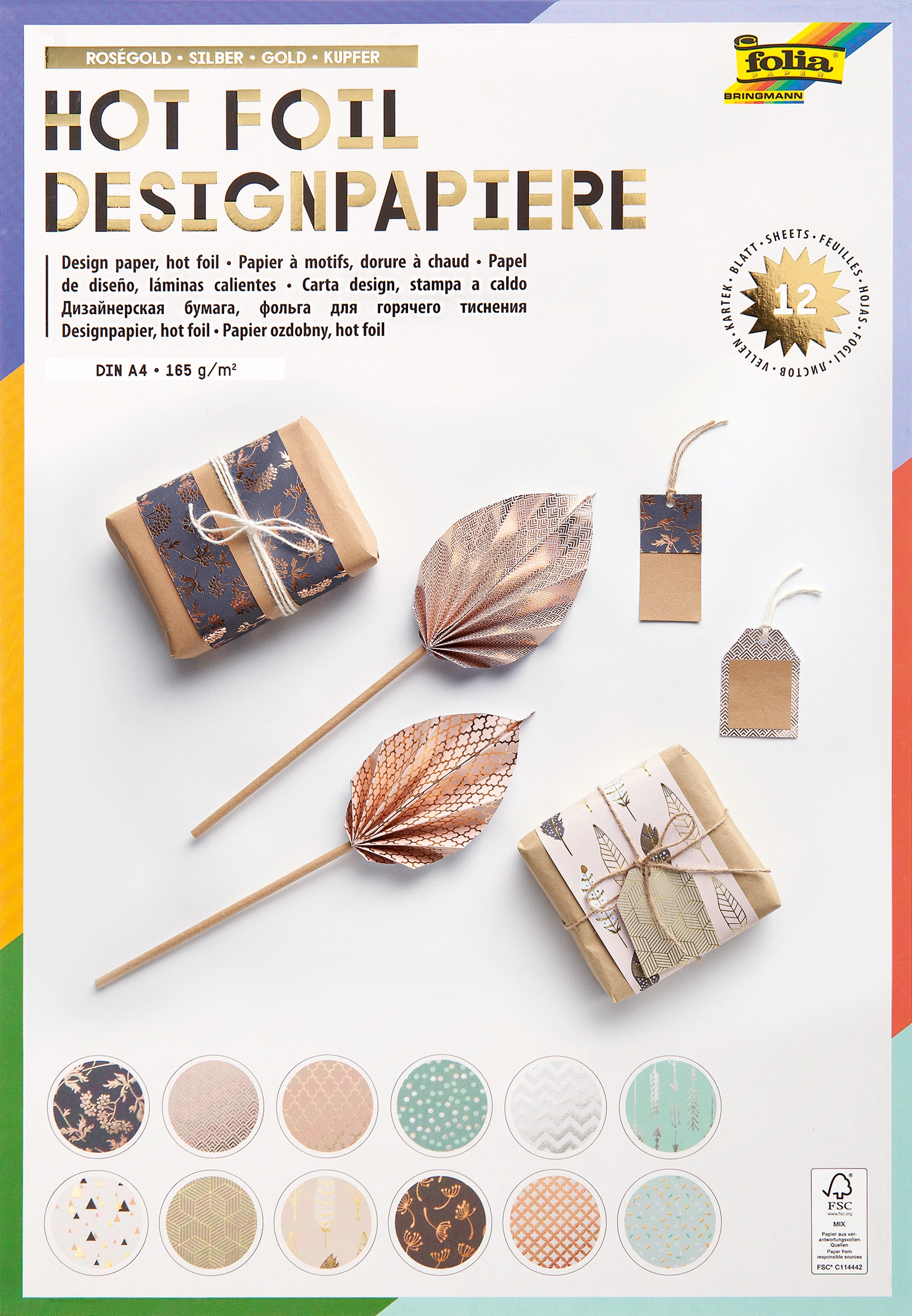 Hot Foil Design Paper Pad, Rose Gold, Silver, Gold, Copper, DIN A4, 165 g/m², 12 sheets