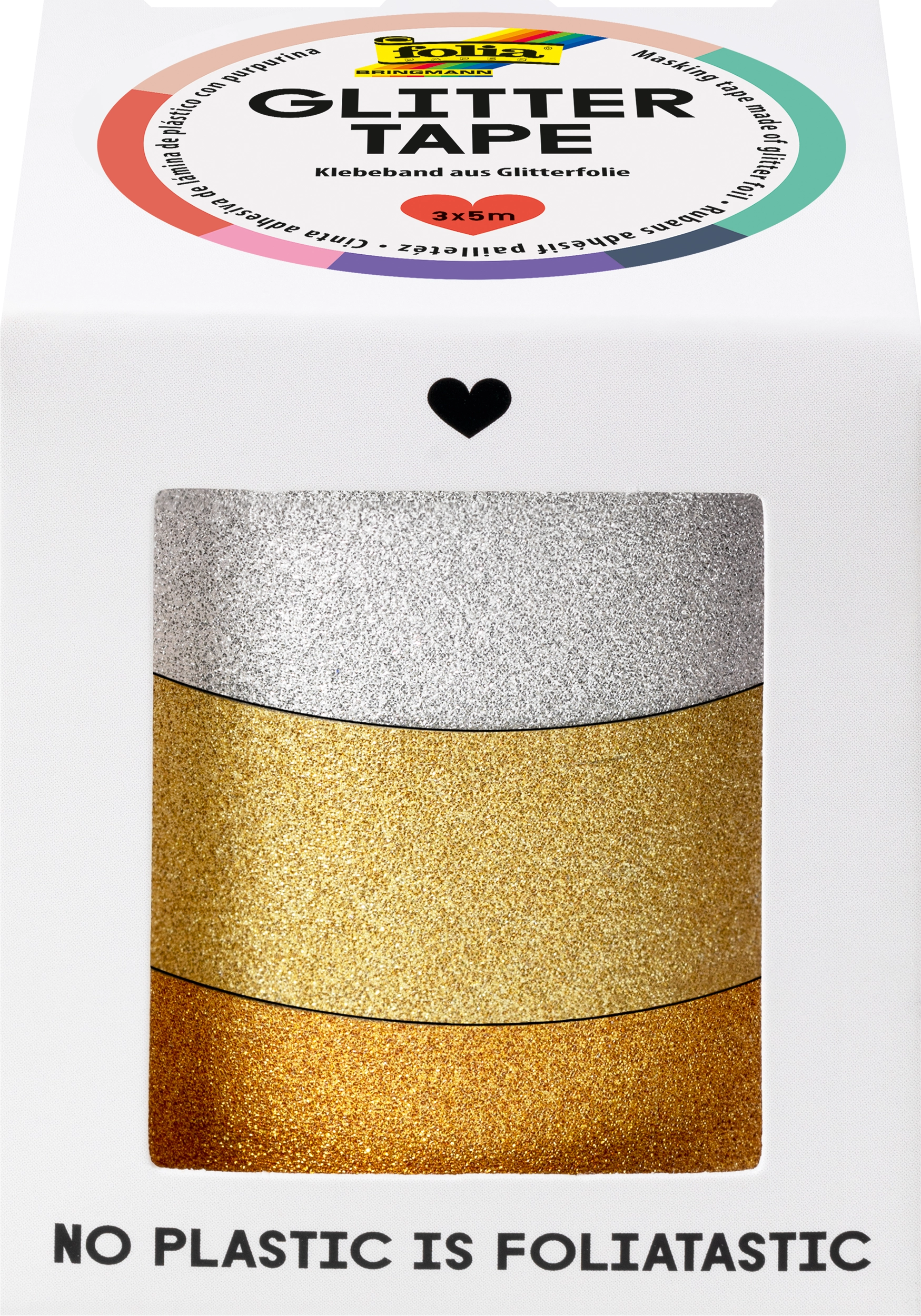 Glittertape, Silber, Hellgold, Gold, 3x 5 m, 3 Rollen