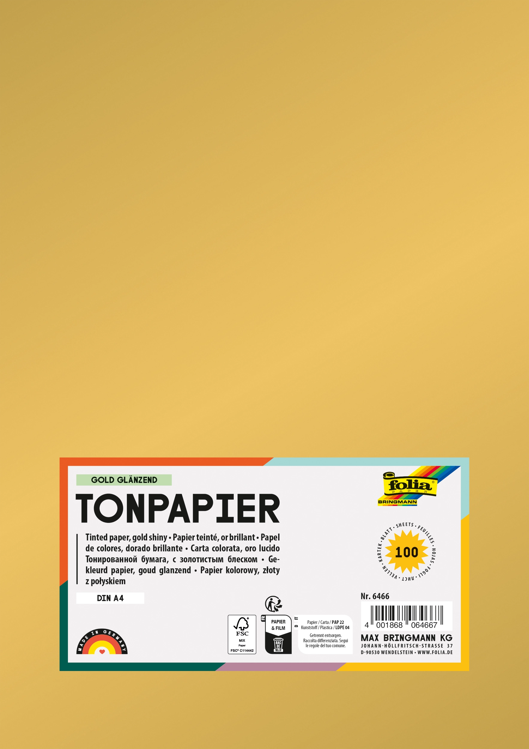 Tonpapier , Gold Glänzend, DIN A4, 130 g/m², 100 Blatt