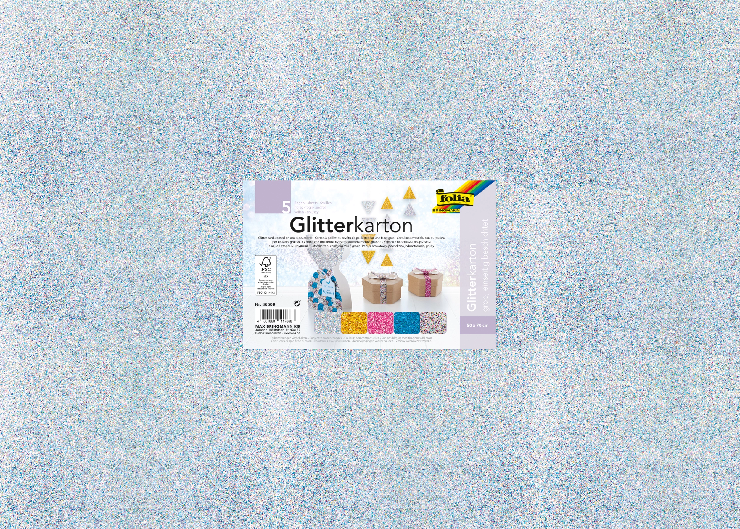 Glitter Cardboard, Chunky, 50 x 70 cm, 390 g/m², 5 sheets