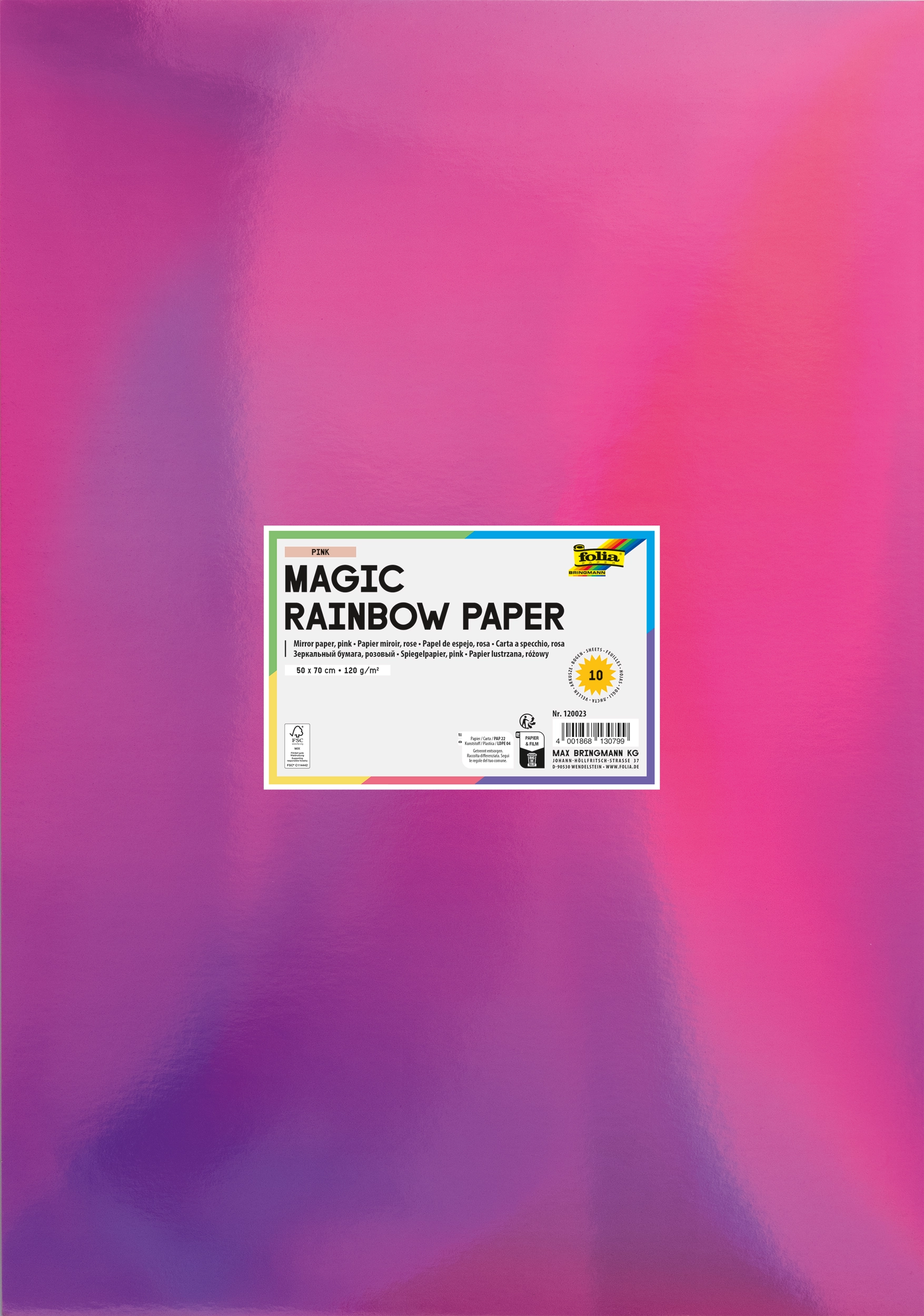 Magic Rainbow Paper, Pink, Iridescent, 50 x 70 cm, 120 g/m², 10 sheets