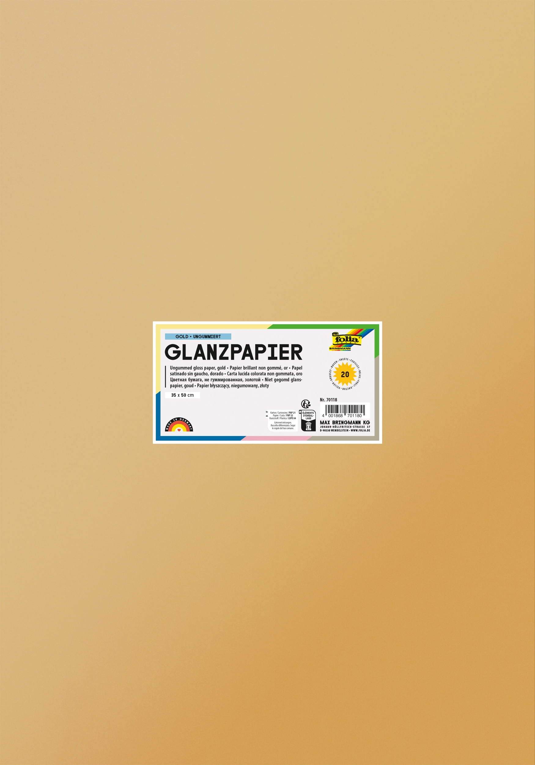 Glanzpapier, Gold, Ungummiert, 35 x 50 cm, 80 g/m², 20 Blatt