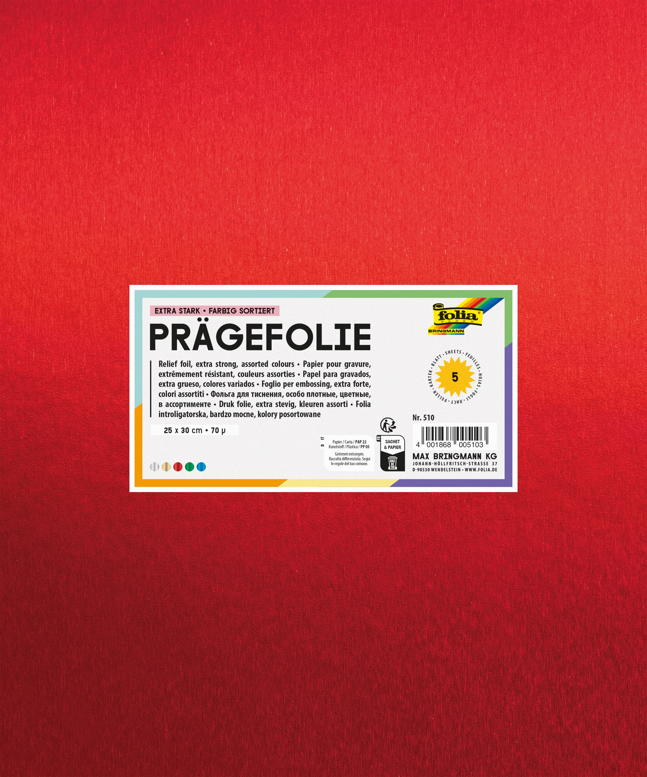 DIY Alu Prägefolie, Mix Bunt, Extra Stark, 25 x 30 cm, 5 Blatt, 1 Mappe