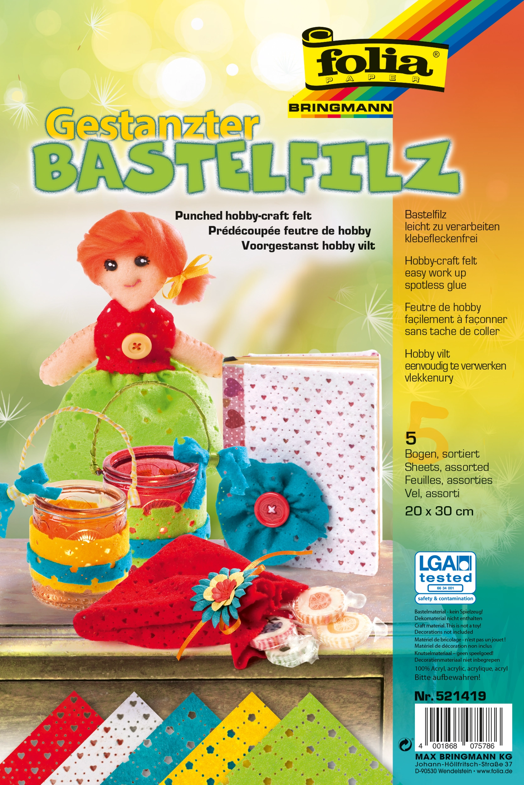 Bastelfilz gestanzt, Ganzjahr, 20 x 30 cm, 150 g/m², 5 Blatt