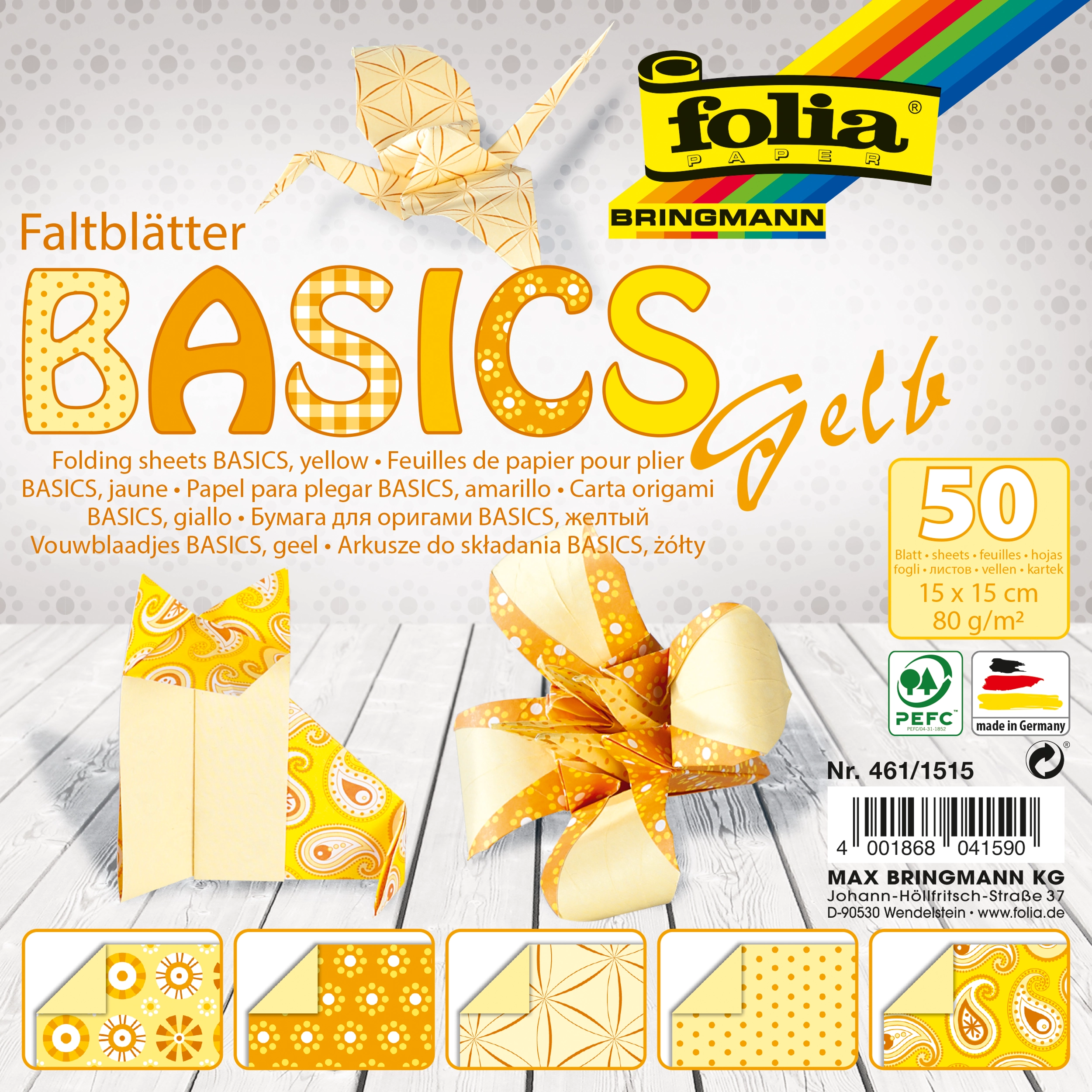 Origamipapier, Basics, Gelb, 15 x 15 cm, 80 g/m², 50 Blatt