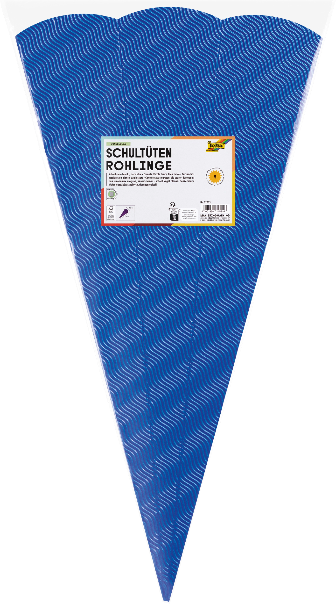Schultüten-Rohlinge aus 3D-Welle, Blau, 68 cm, 5 Stück