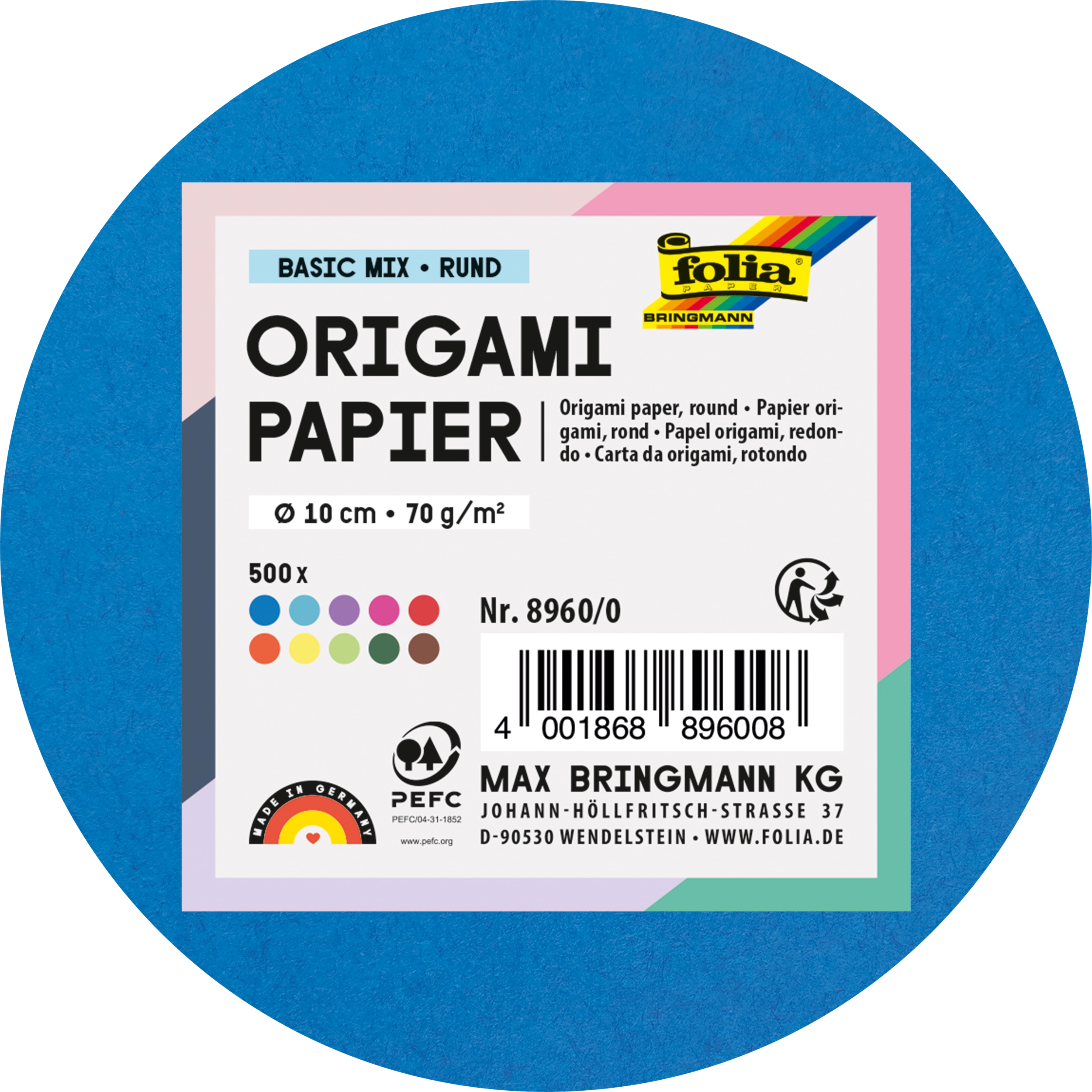 Origamipapier, Basic Mix, Rund, 70 g/m², 500 Blatt