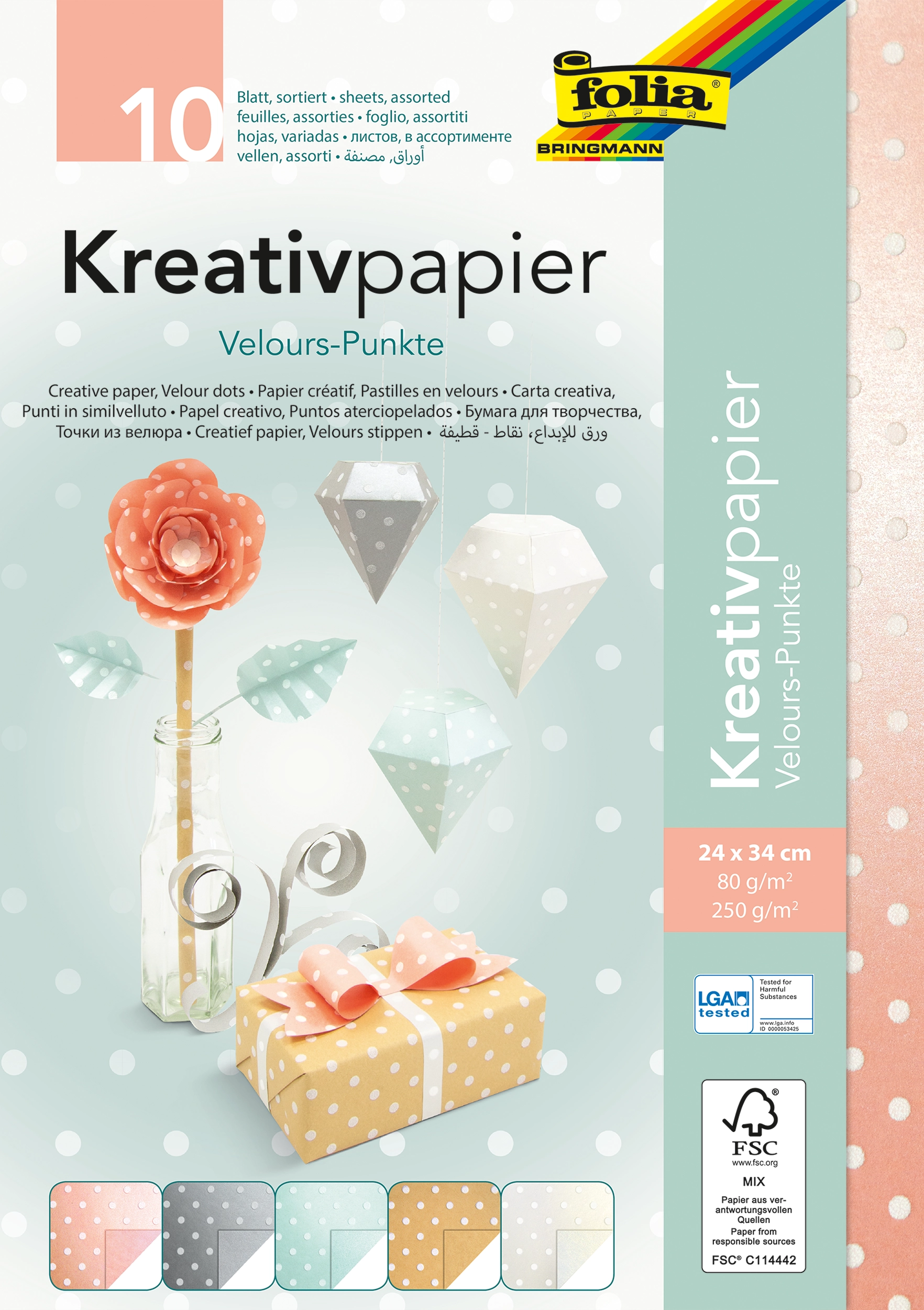 Vreative Paper, Velour Dots, 24 x 34 cm, 80 g/m², 250 g/m², 10 sheets