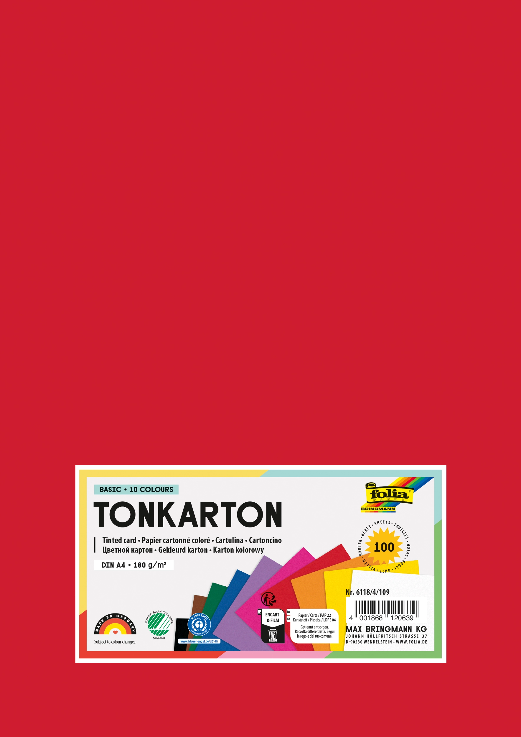 Tonkarton, Basic, 10 Farben, DIN A4, 180g/m², 100 Blatt