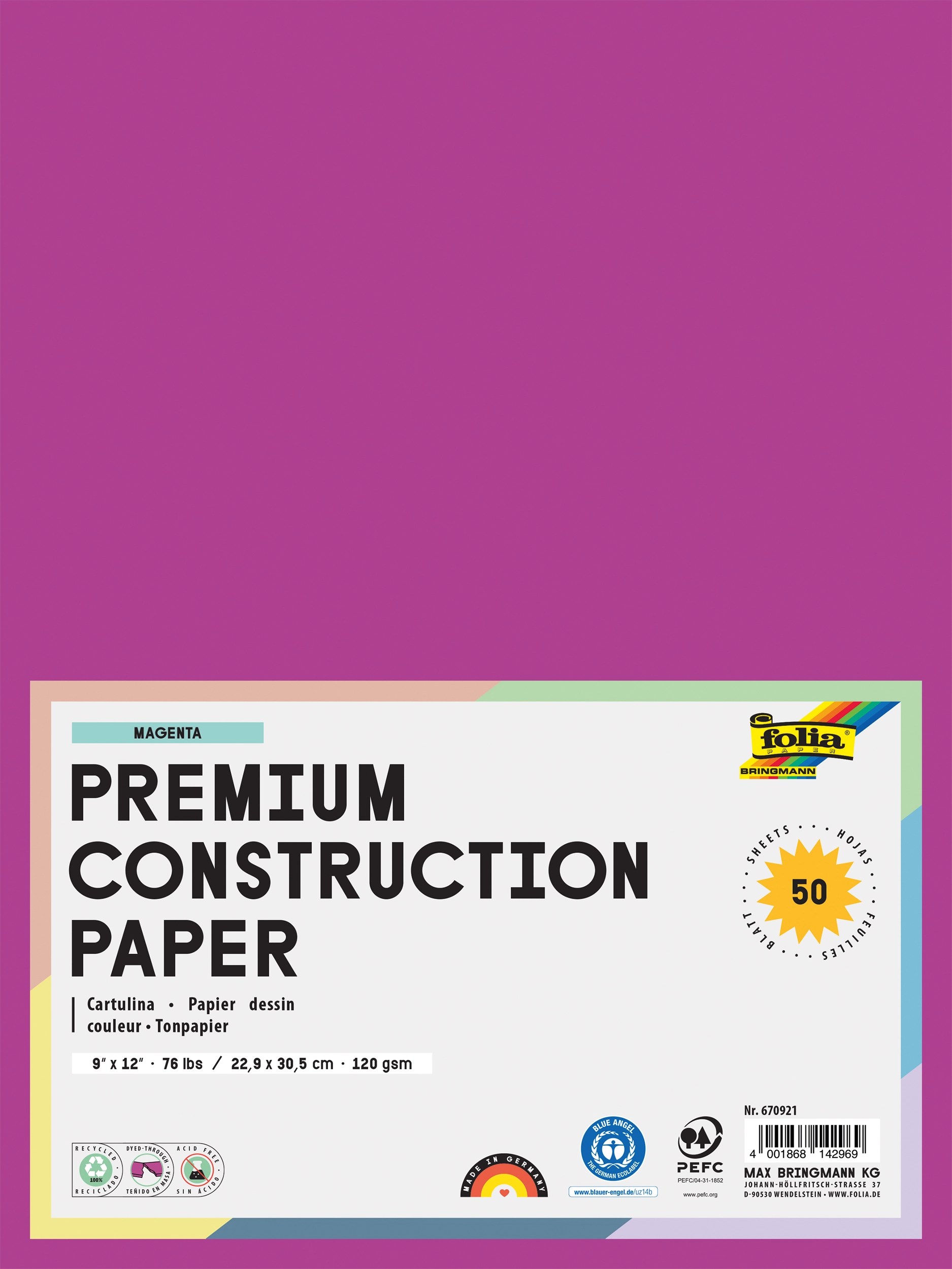 Tonpapier, Eosin, 22,9 x 30,5 cm, 120 g/m², 50 Blatt