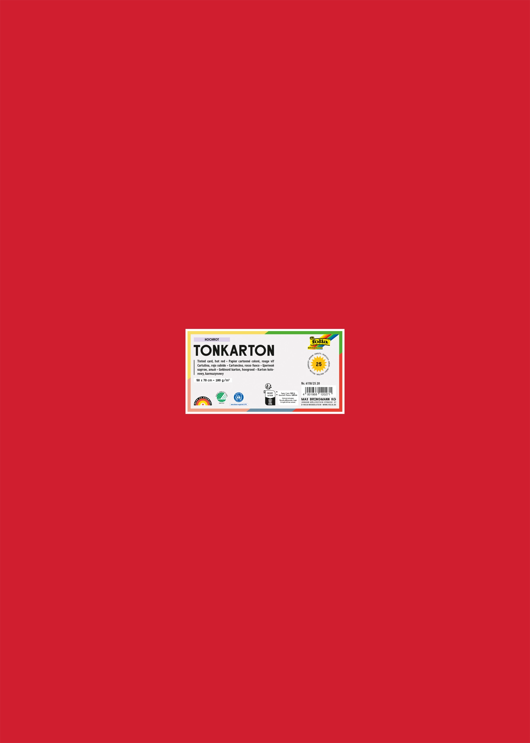 Tonkarton, Hochrot, 50 x 70 cm, 180g/m², 25 Blatt