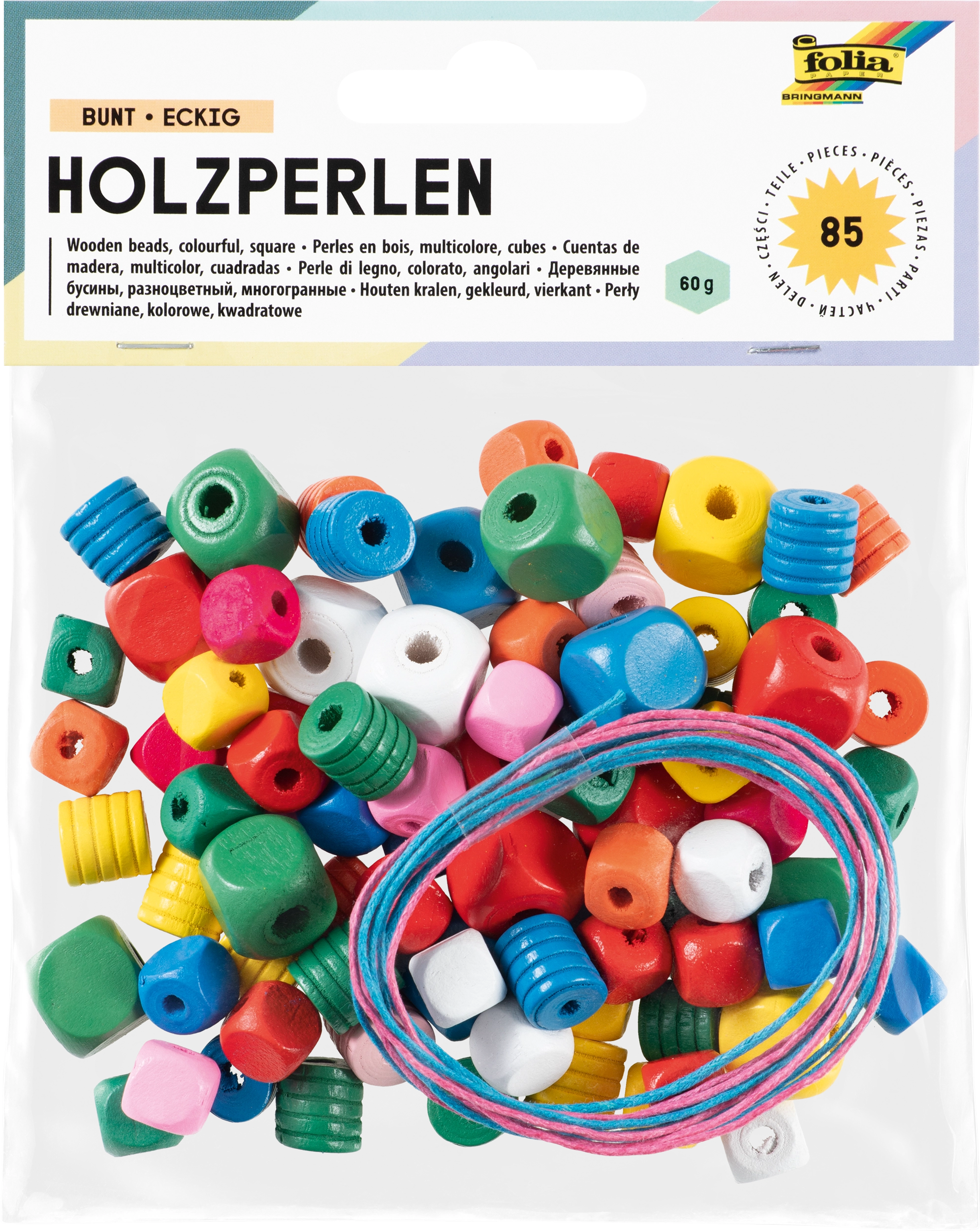 Holzperlen , Bunt, Eckig, 85 Teile
