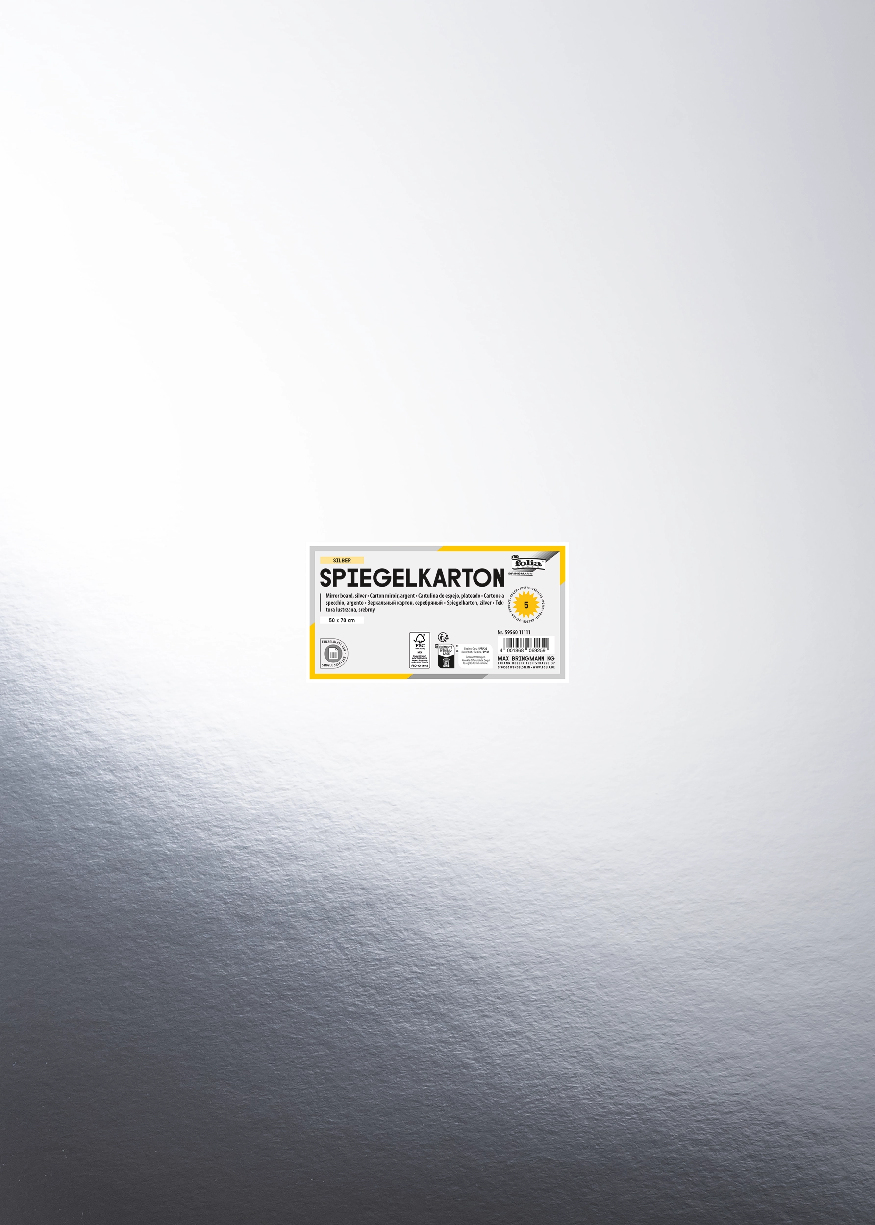Spiegelkarton, Silber, 50 x 70 cm, 270 g/m², 5 Blatt, mit Einzel-EAN-Auszeichnung